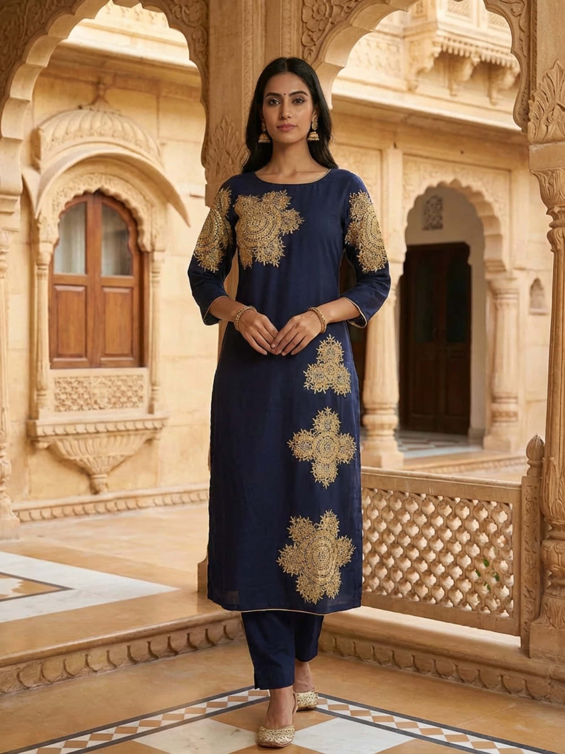Pretty Deep Blue Cambrc Kurti - Image 1