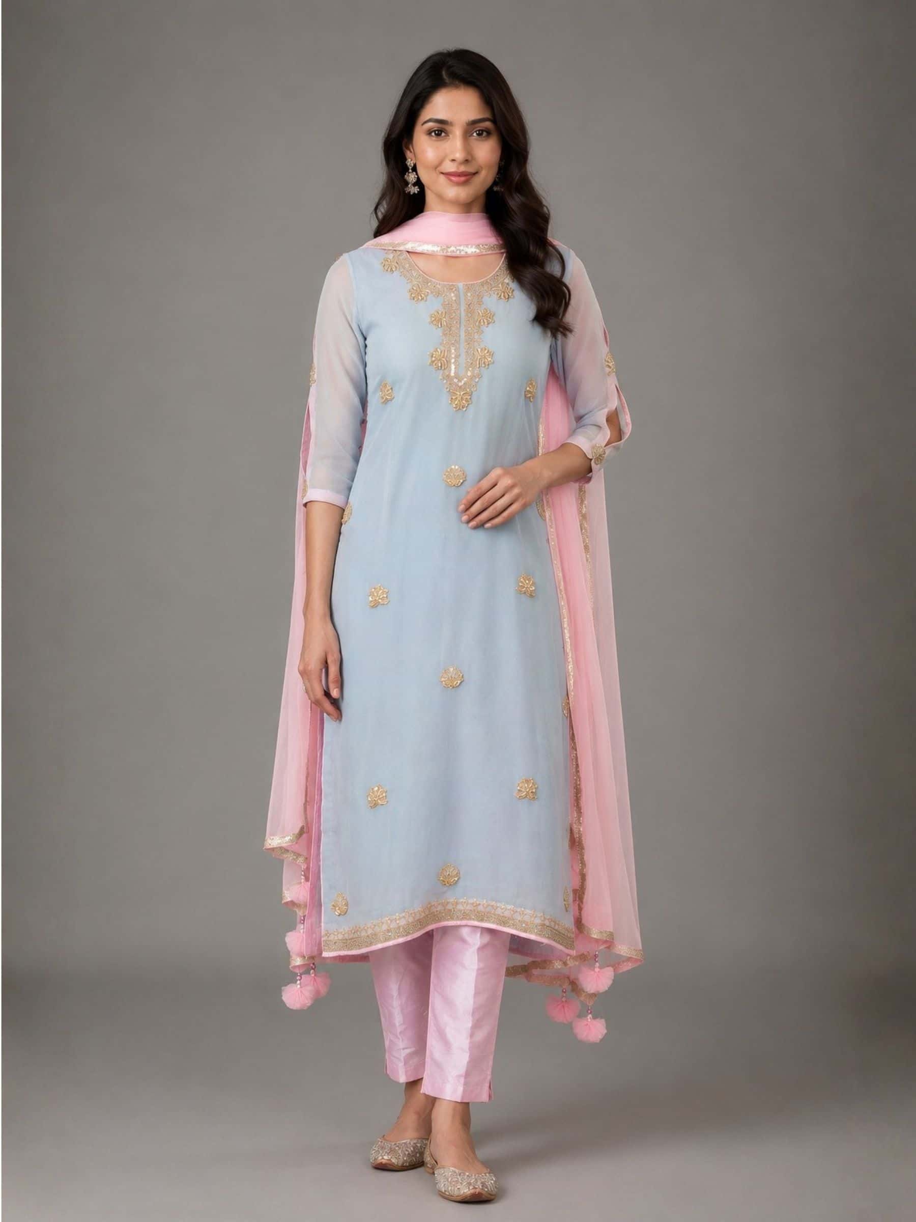 Pretty Powder Blue Pink Salwar Suit - Image 1