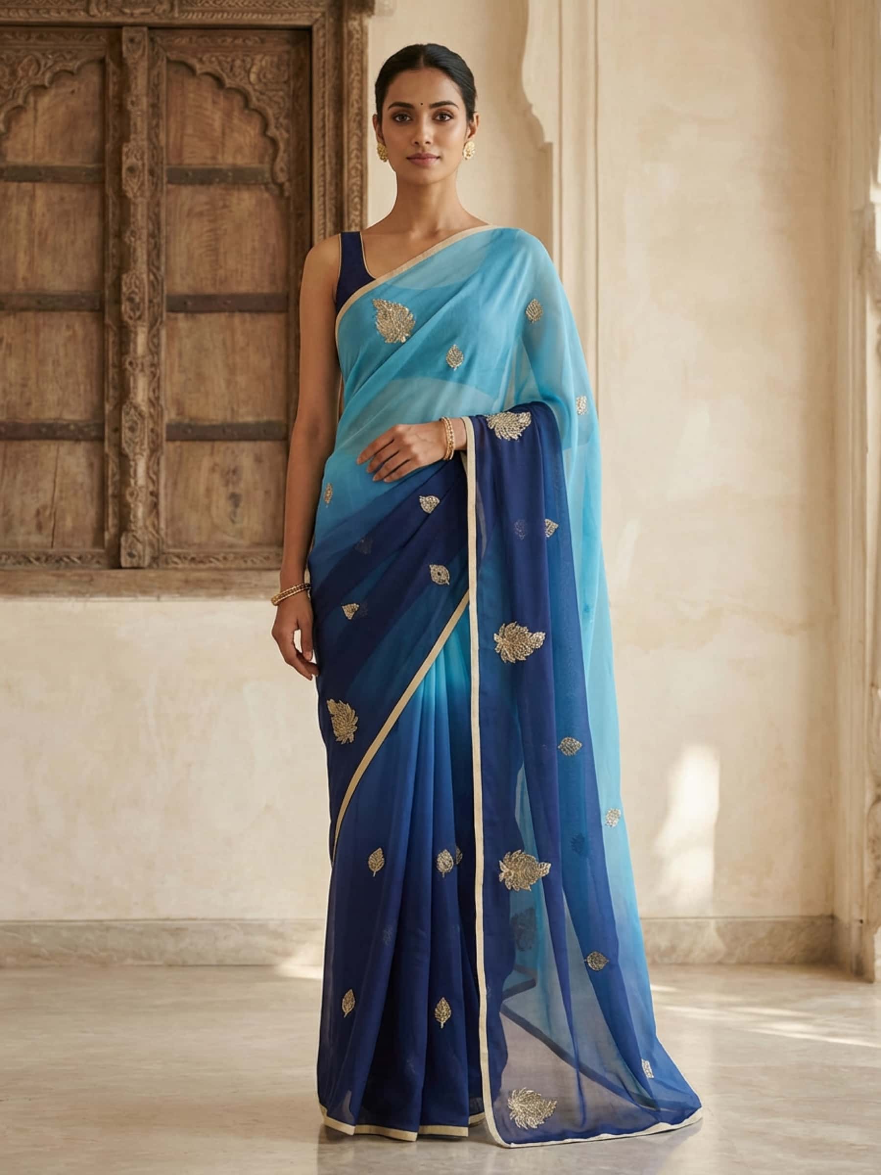 Pure Platinum Chiffon Blue Saree - Image 1