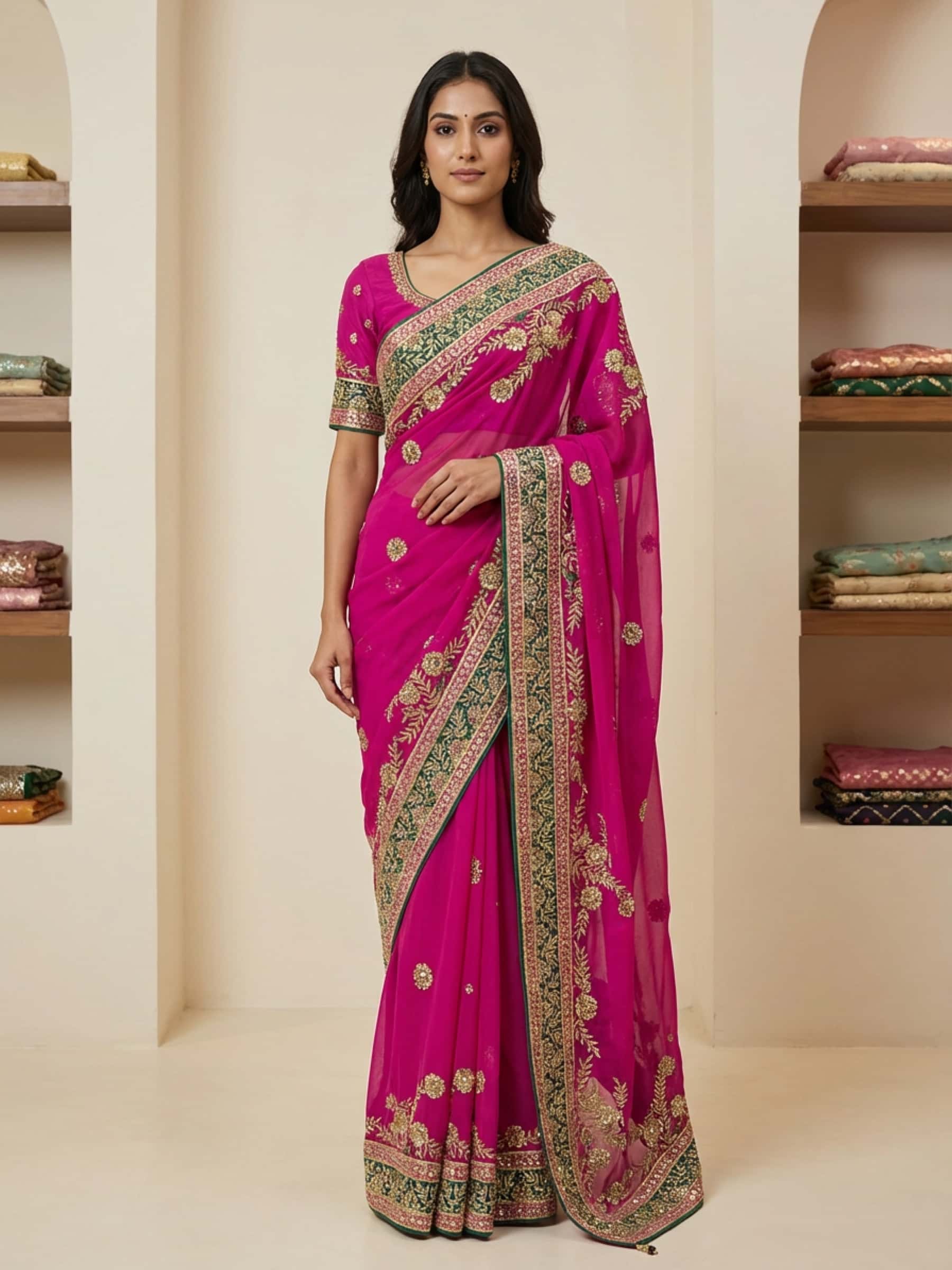 Radiant pink pure georgette Saree - Image 1