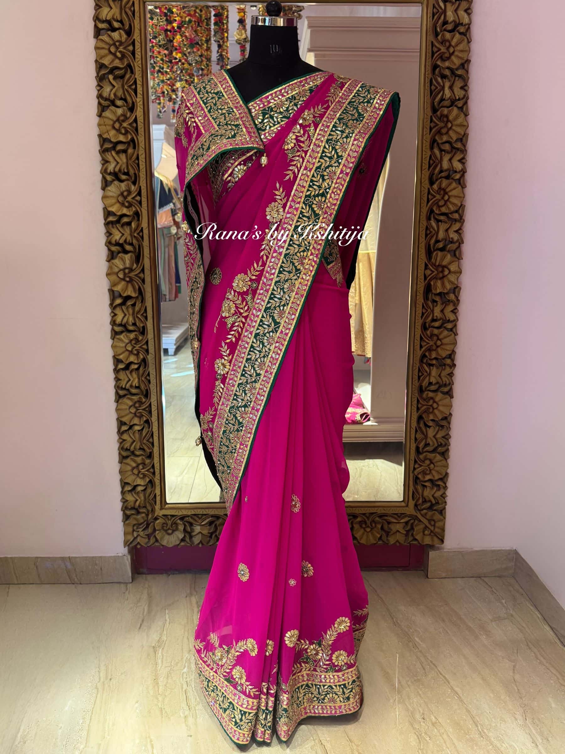Radiant pink pure georgette Saree thumbnail 9