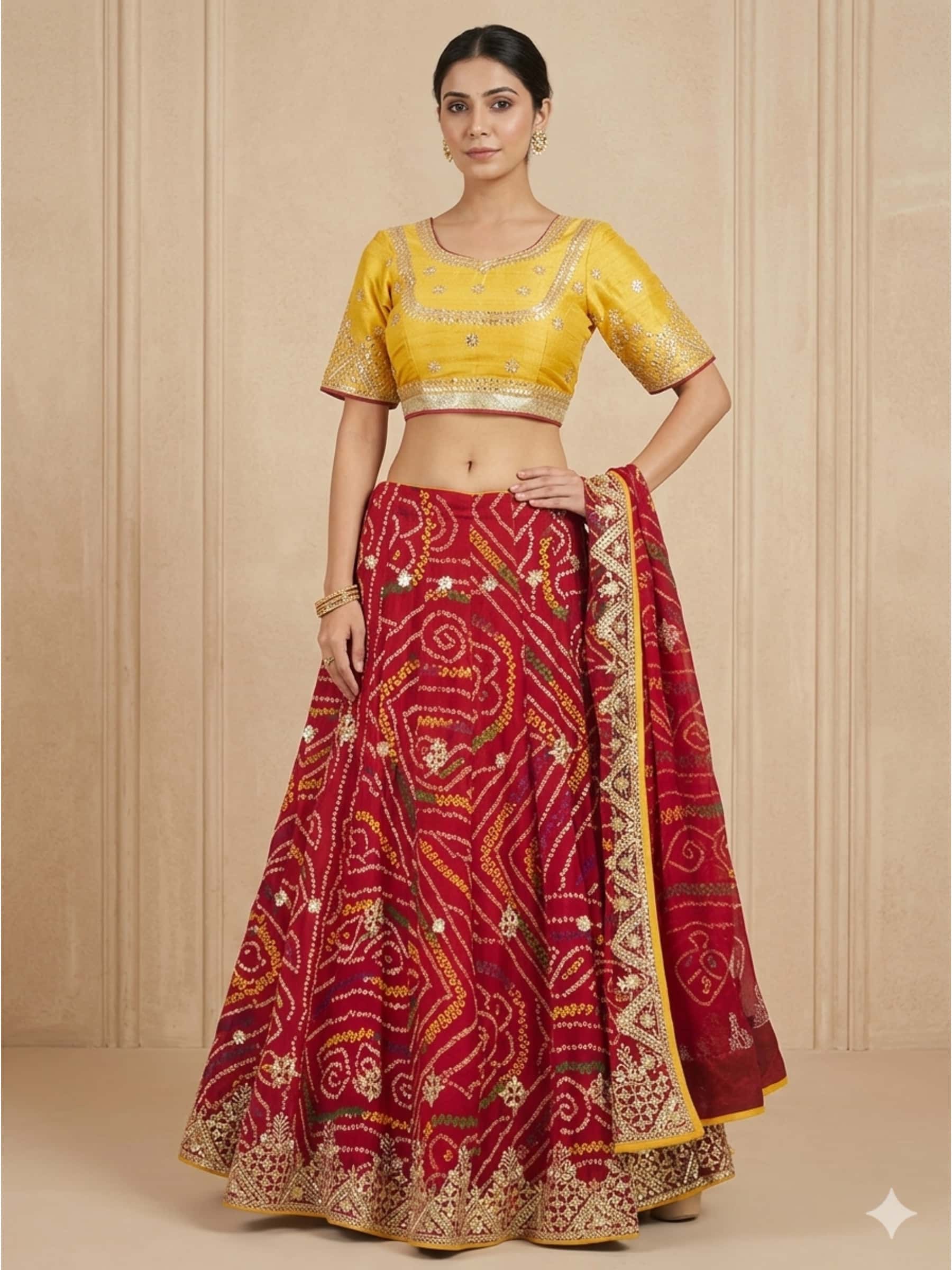 Red Bandhani Lehenga in Pearl Gota