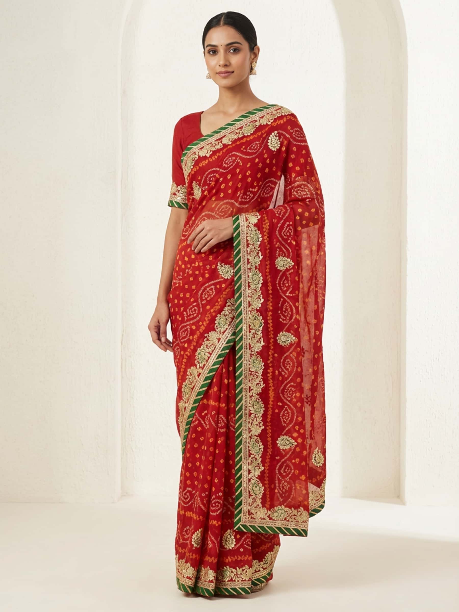 Red Bandhej Saree with Fine Gota Bale - Image 1