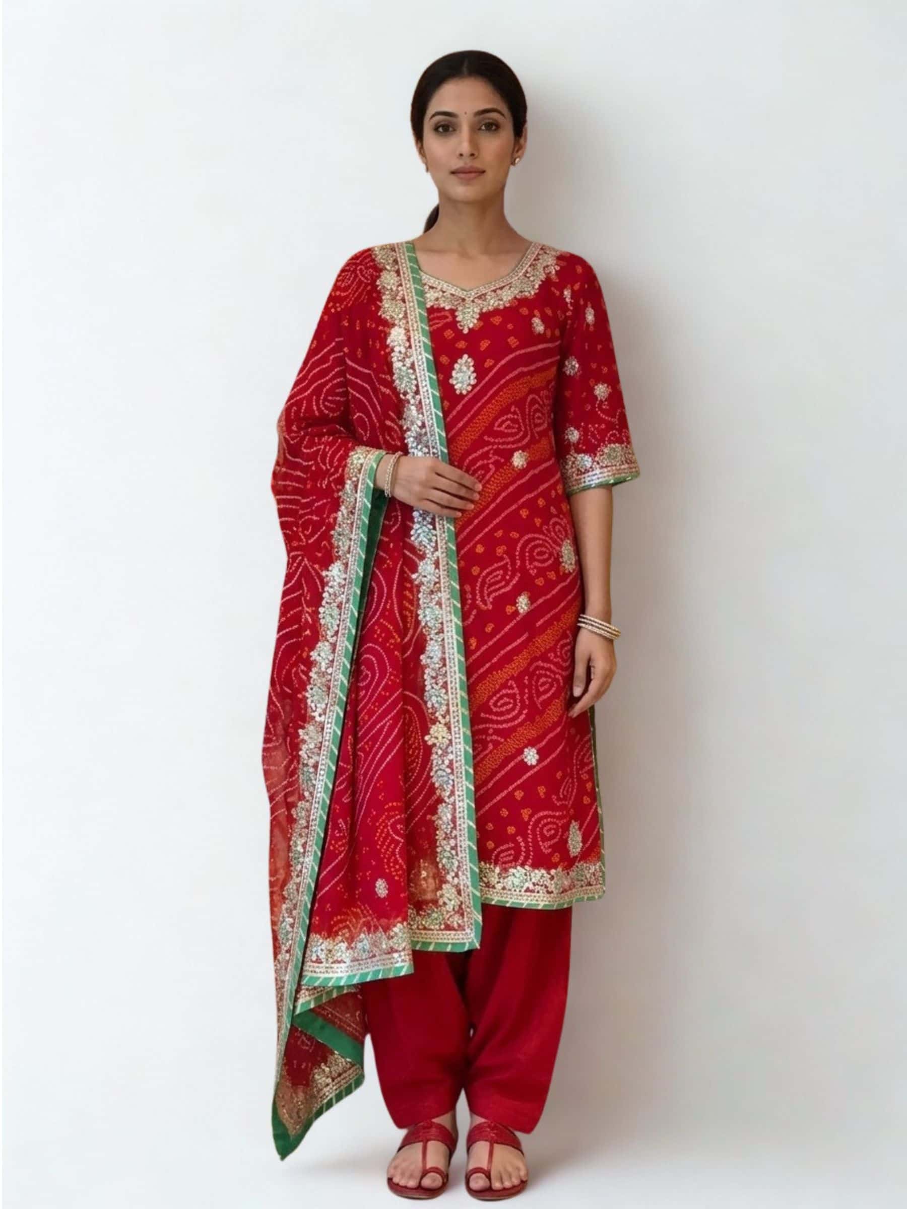 Red Full Bandhani Salwar Suit - Image 1