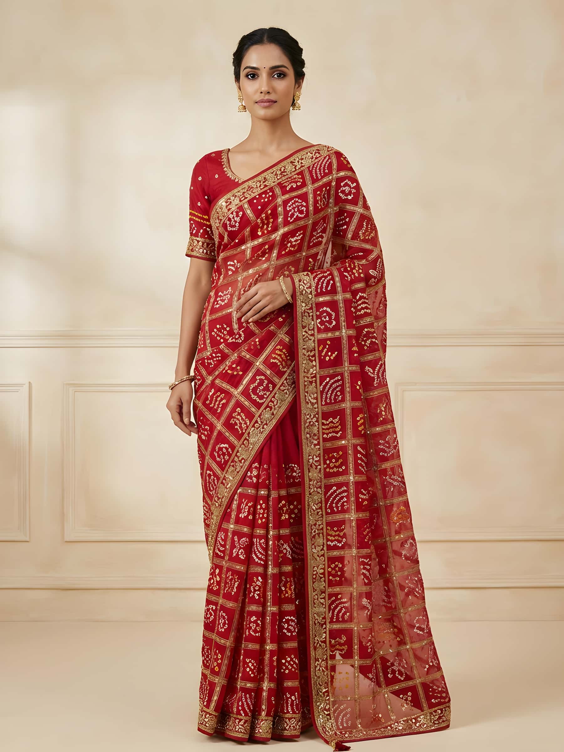 Red Gharchola Saree in Rich Zardozi - Image 1