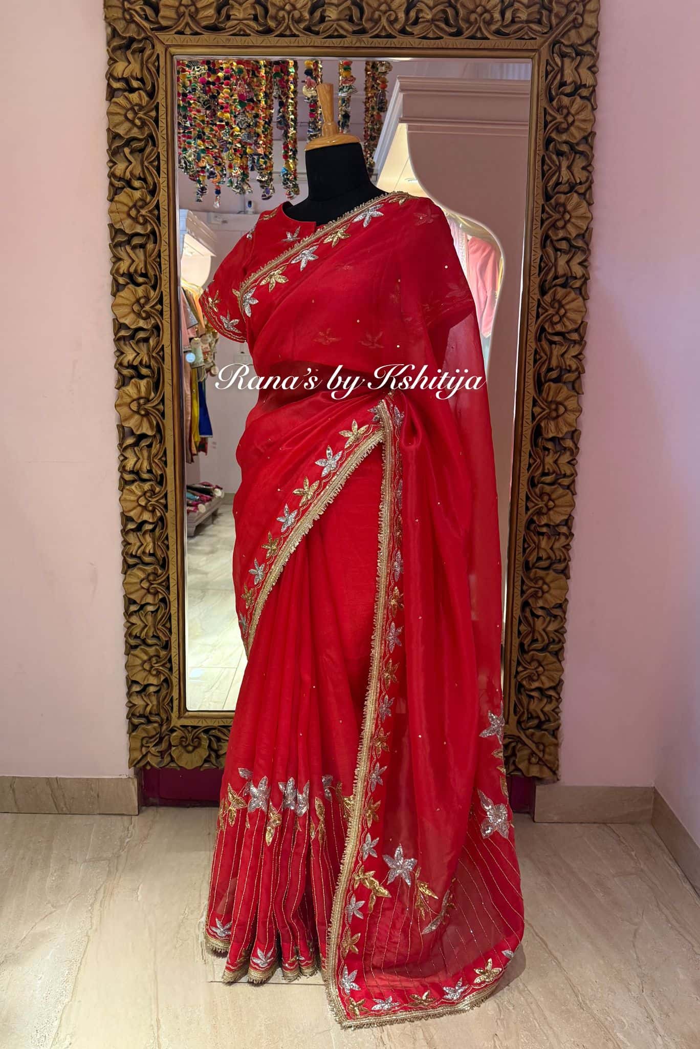 Red Pure Organza Saree with Cutdana Work thumbnail 2