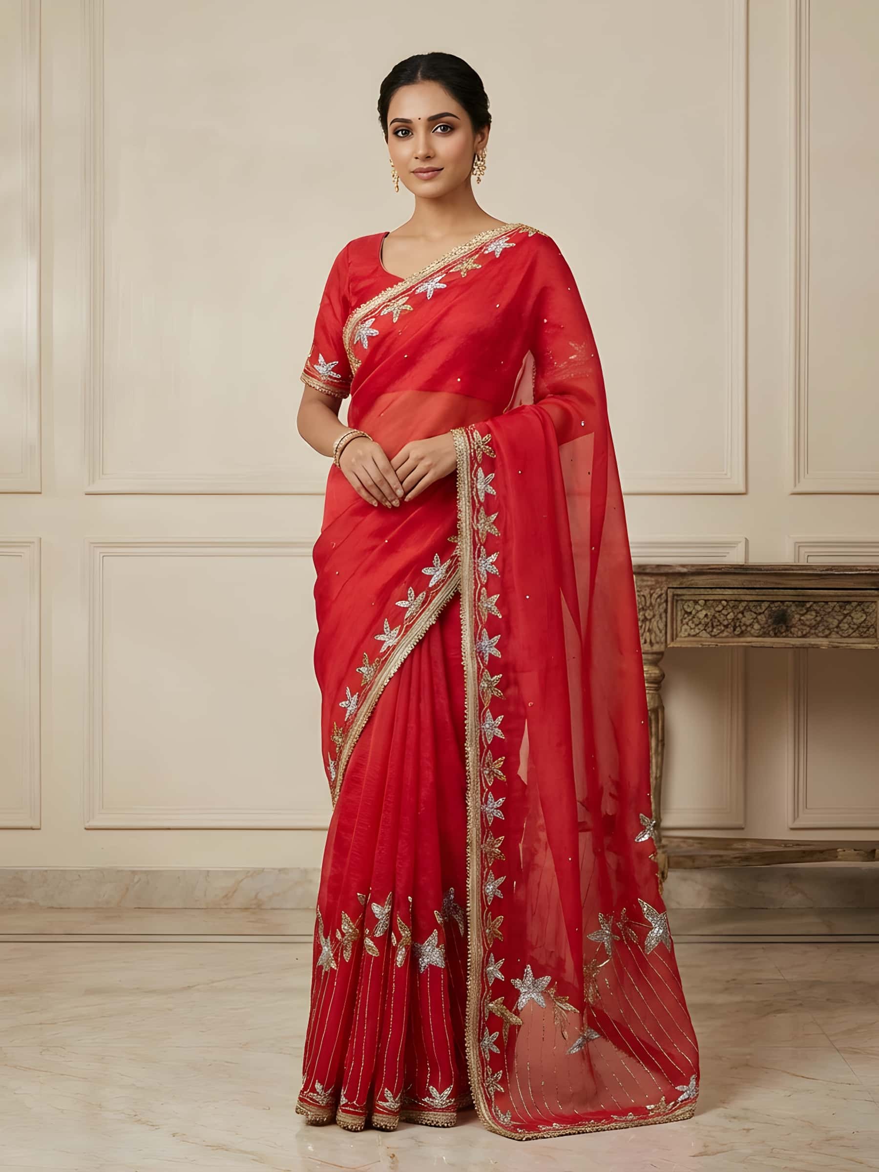 Red Pure Organza Saree with Cutdana Work - Image 1