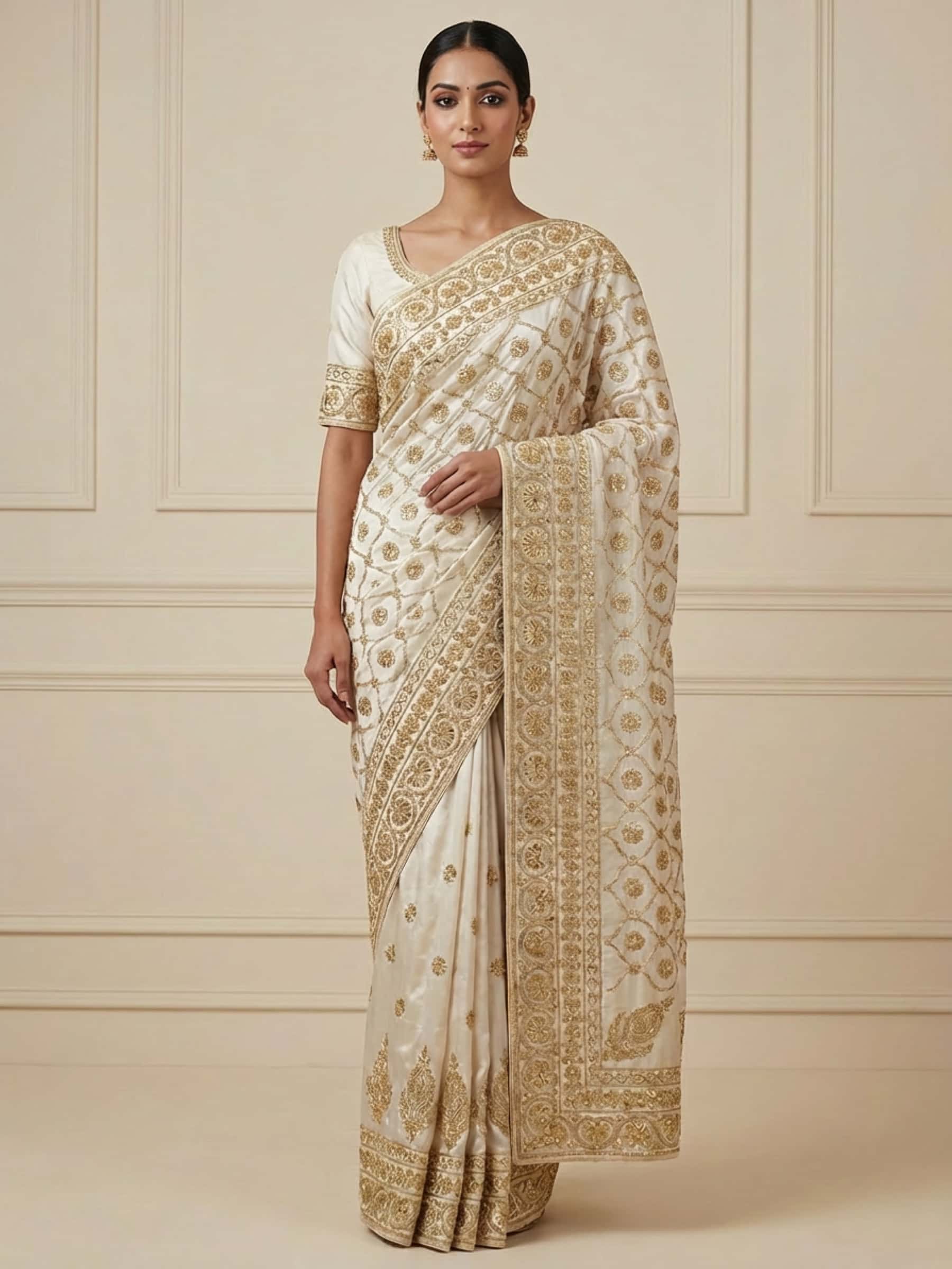 Regal White Jaal Worked Golden Saree - Image 1