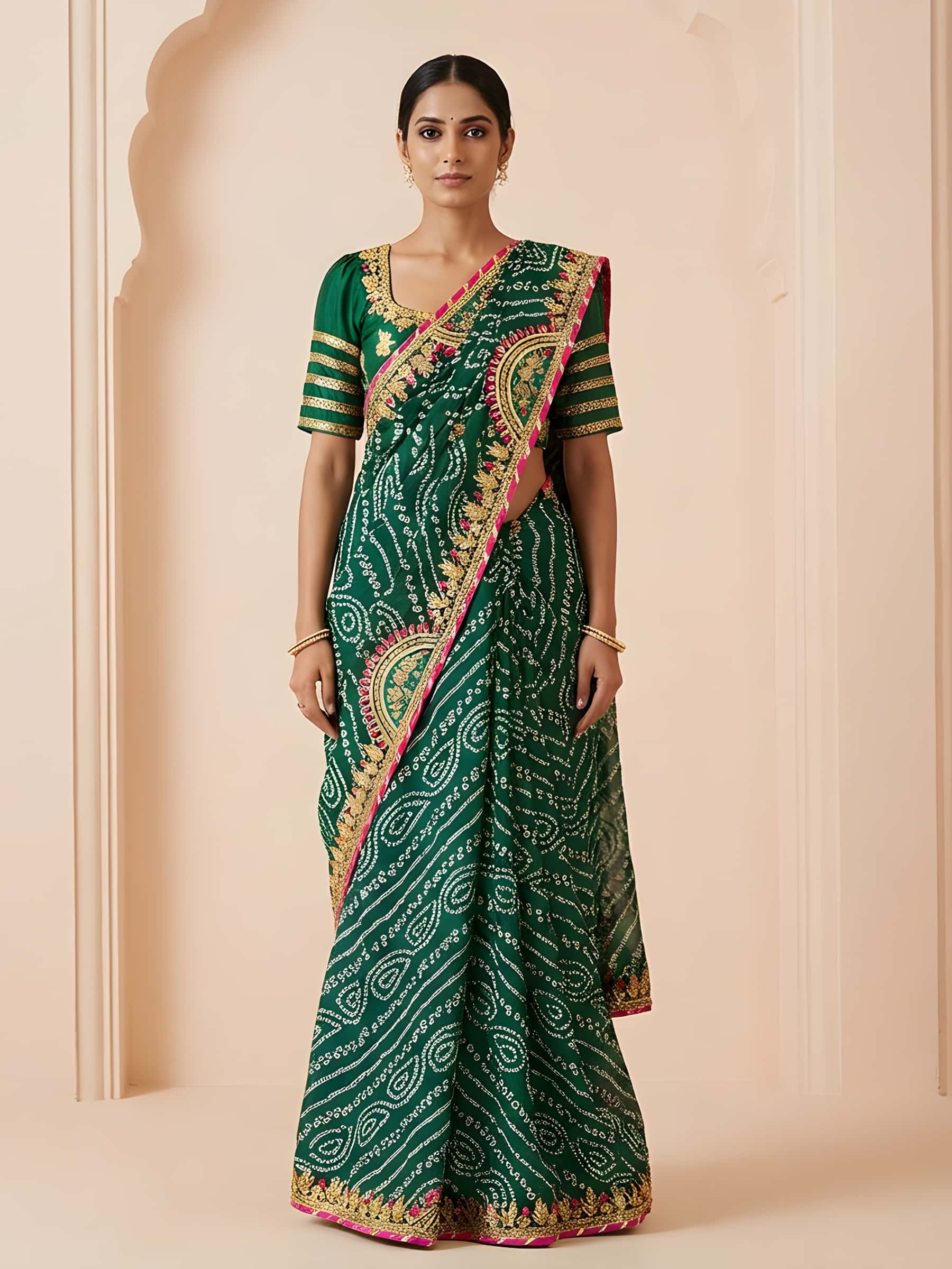 Rich Handmade Dark Green Bandhani Saree - Image 1
