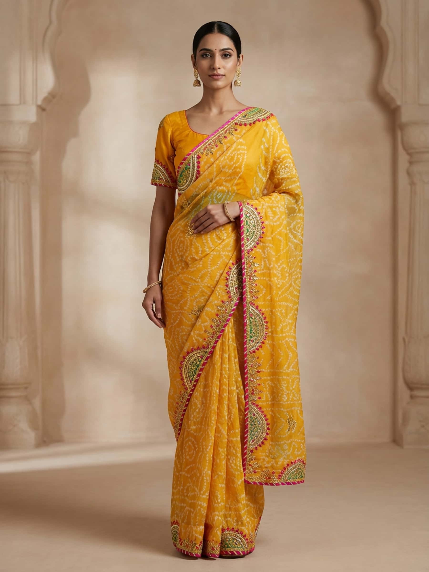 Rich Handmade Yellow Bandhani Saree - Image 1