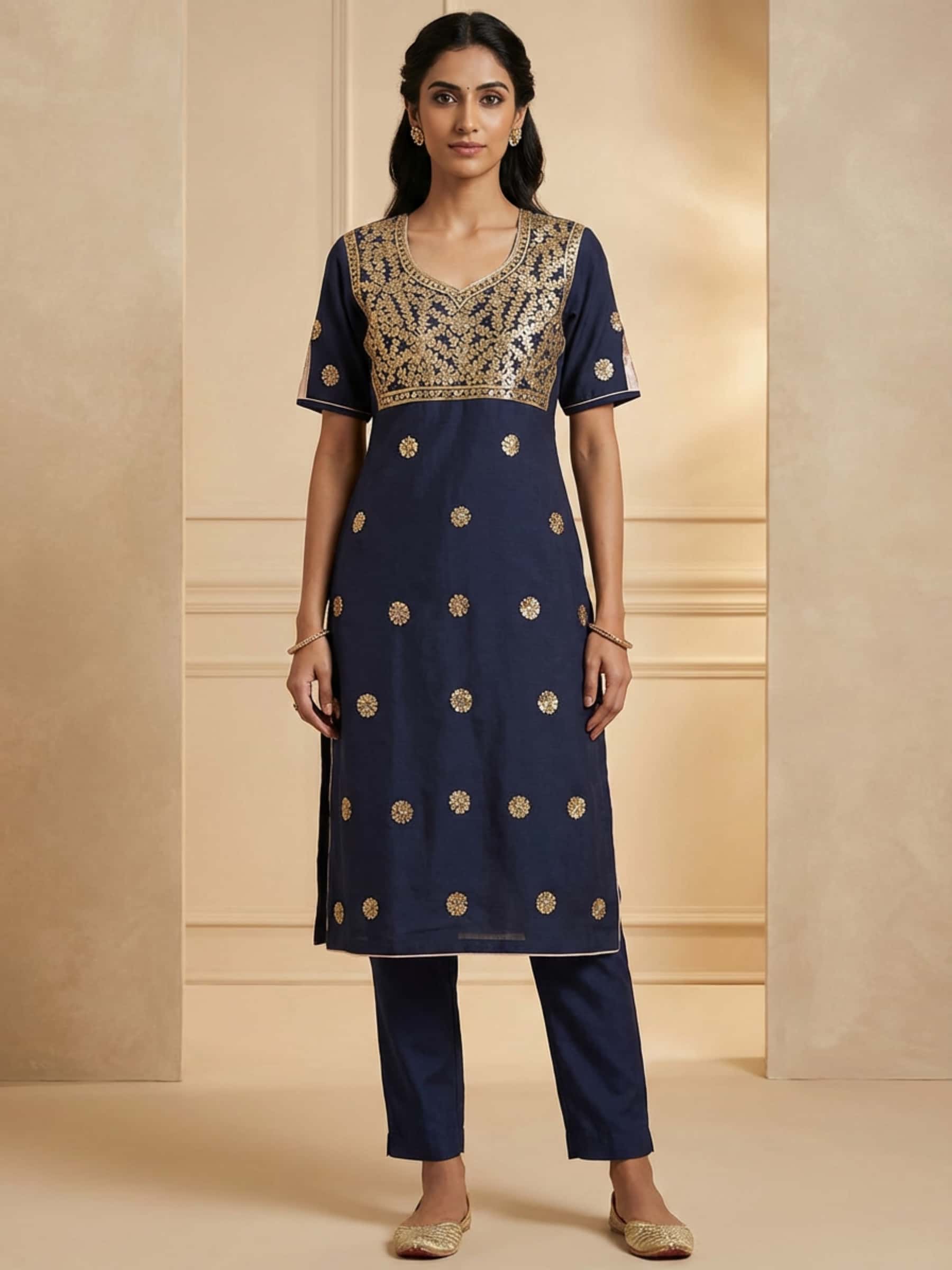Rich Neckline Worked Kurti in Deep Blue