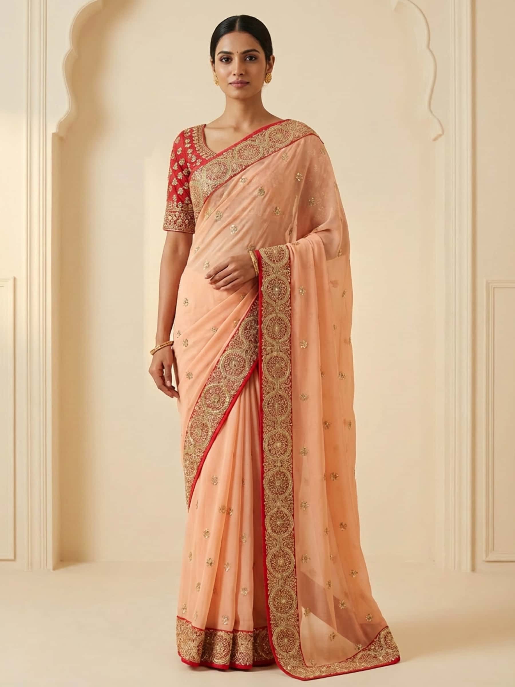 Rich Peach Zardozi Tikki Saree - Image 1
