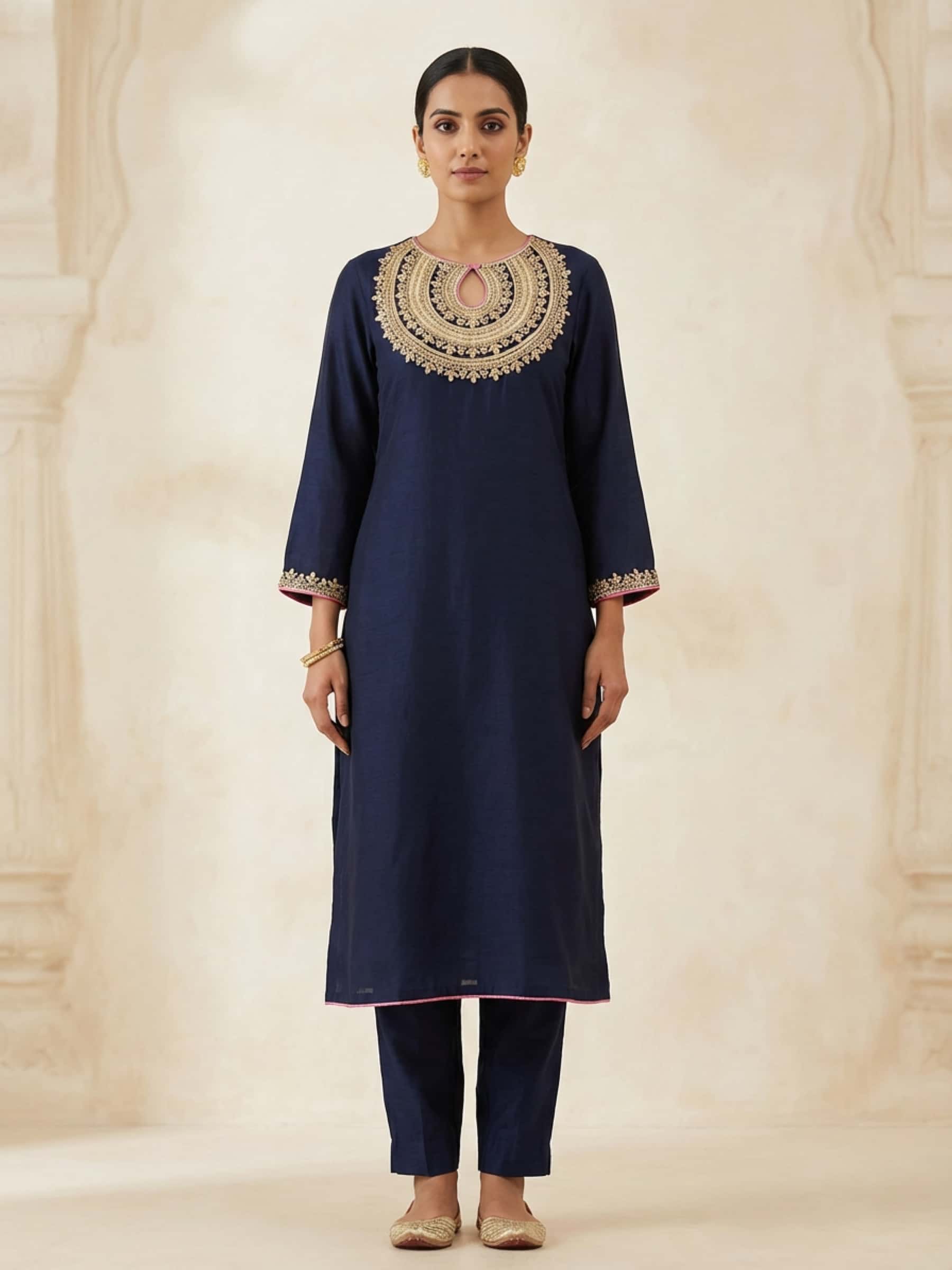 Rich neckline worked kurti deep blue - Image 1