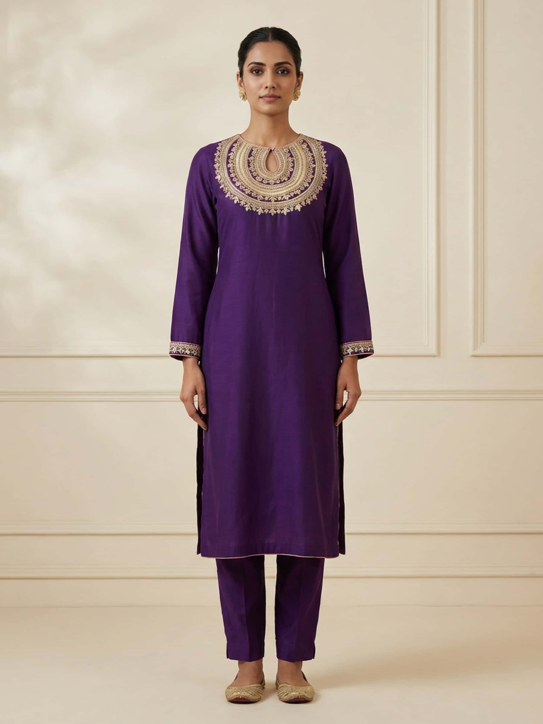 Rich neckline worked kurti purple - Image 1