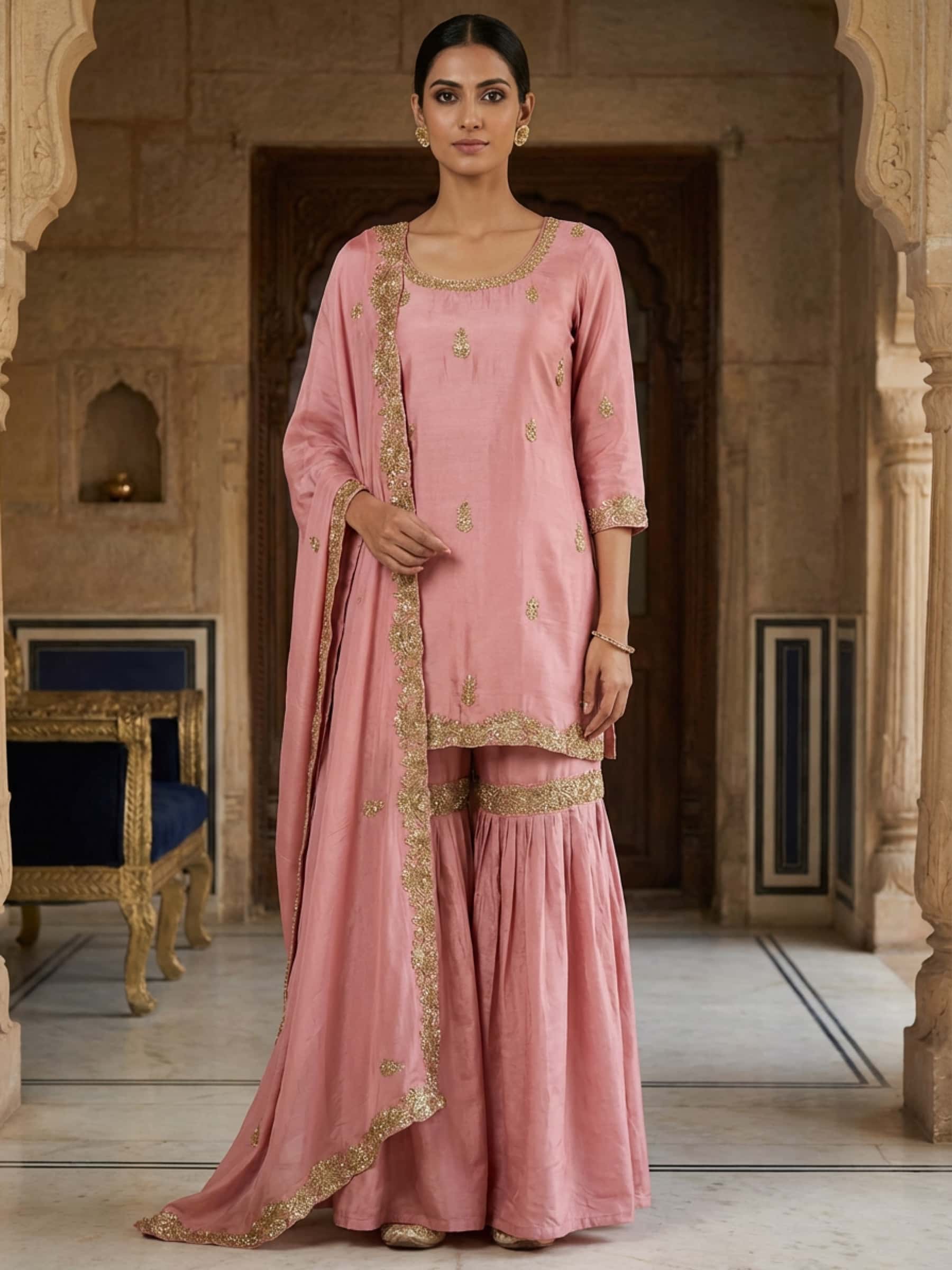 Rose Gold Pure Silk Garara Set - Image 1