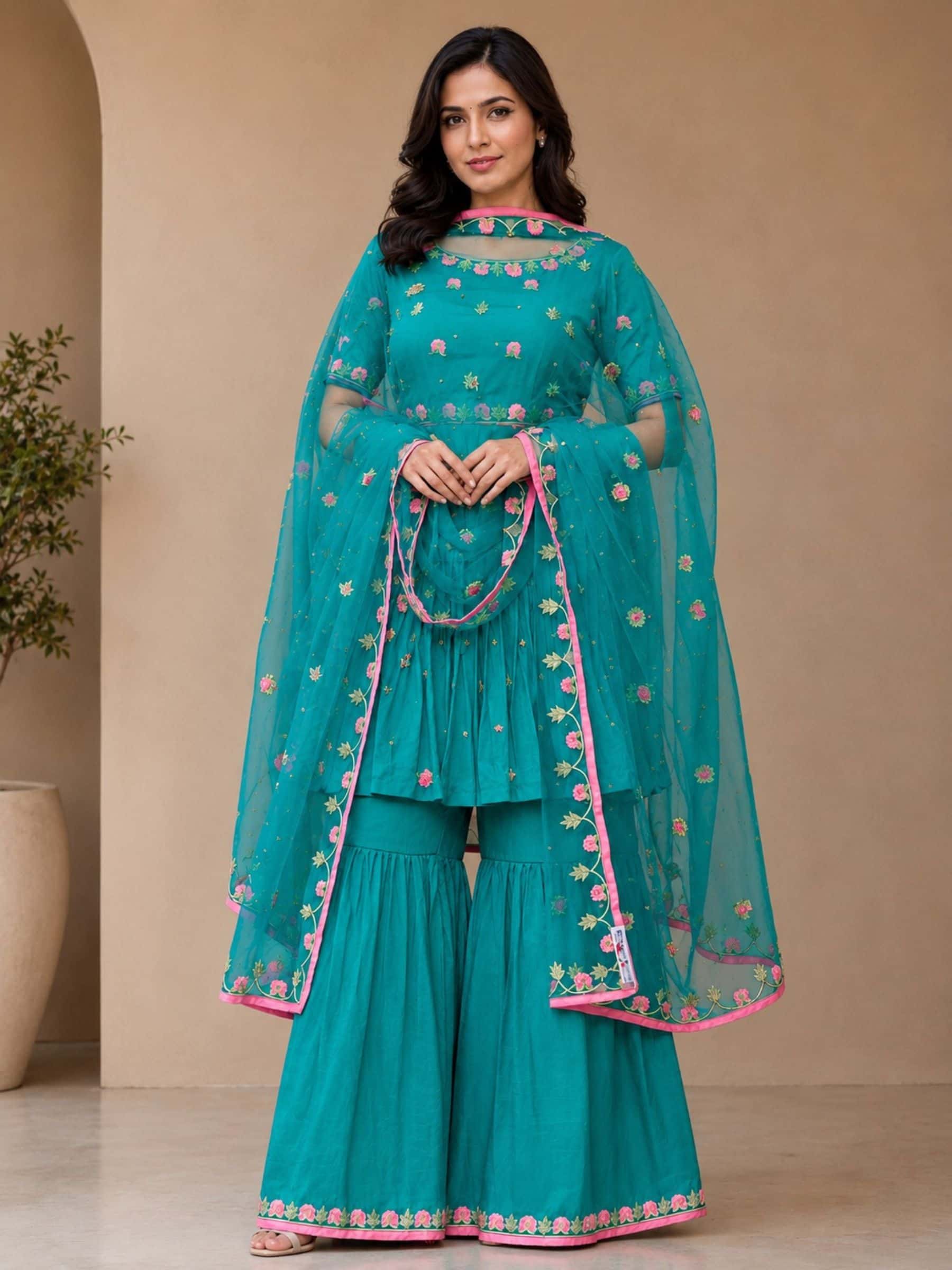 Sea Green Pure Crepe Garara Set - Image 1