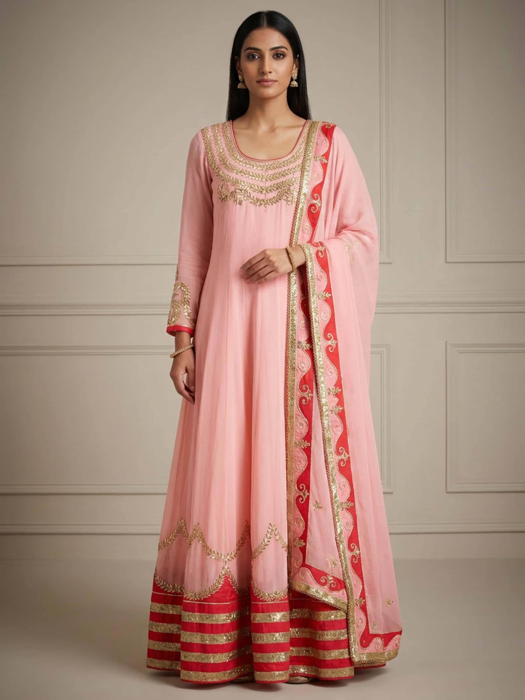Sweet Peach and Red Floor Length Kalidar - Image 1