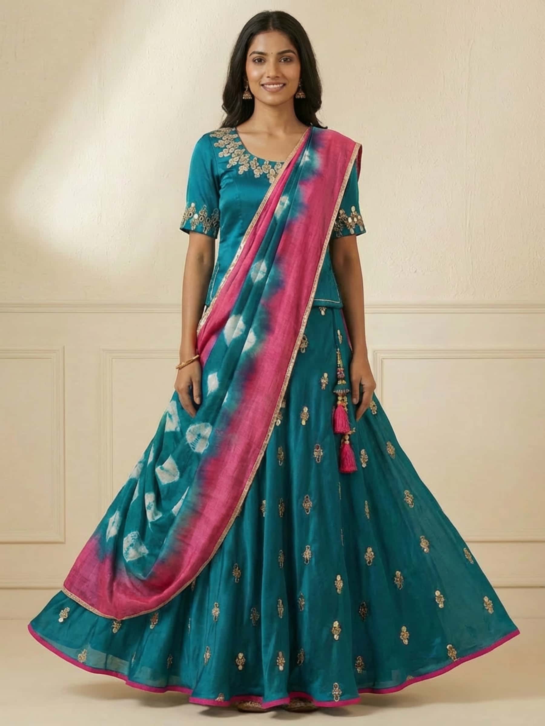 Teal Blue Handmade Designer Lehenga Set
