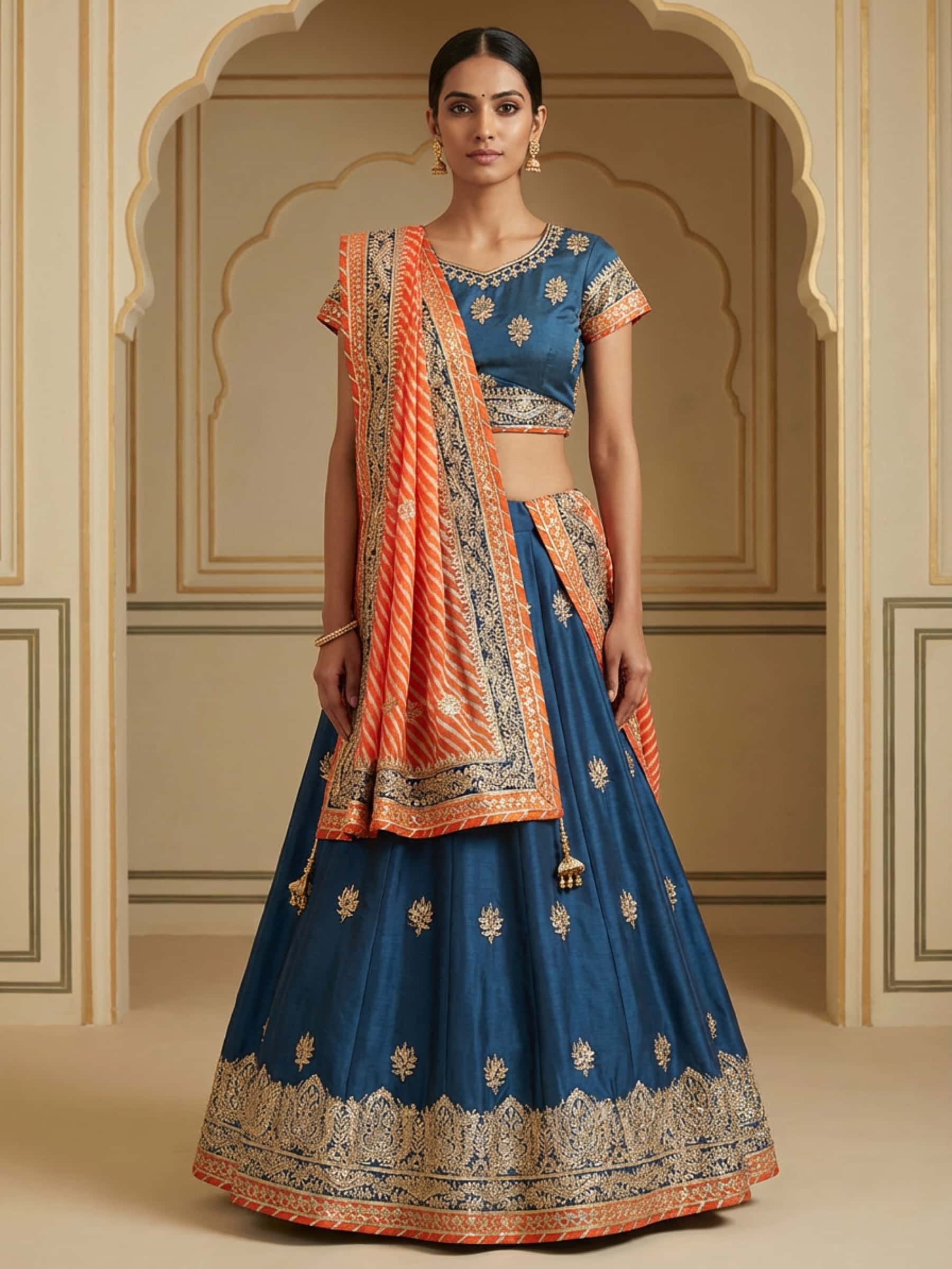 Teal Green and Orange Lehenga Chunni Set