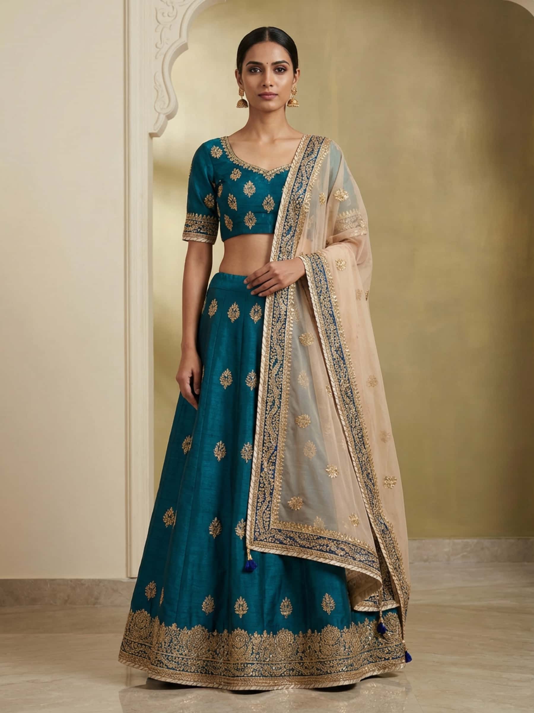 Teal Green and Peach Lehenga Chunni Set