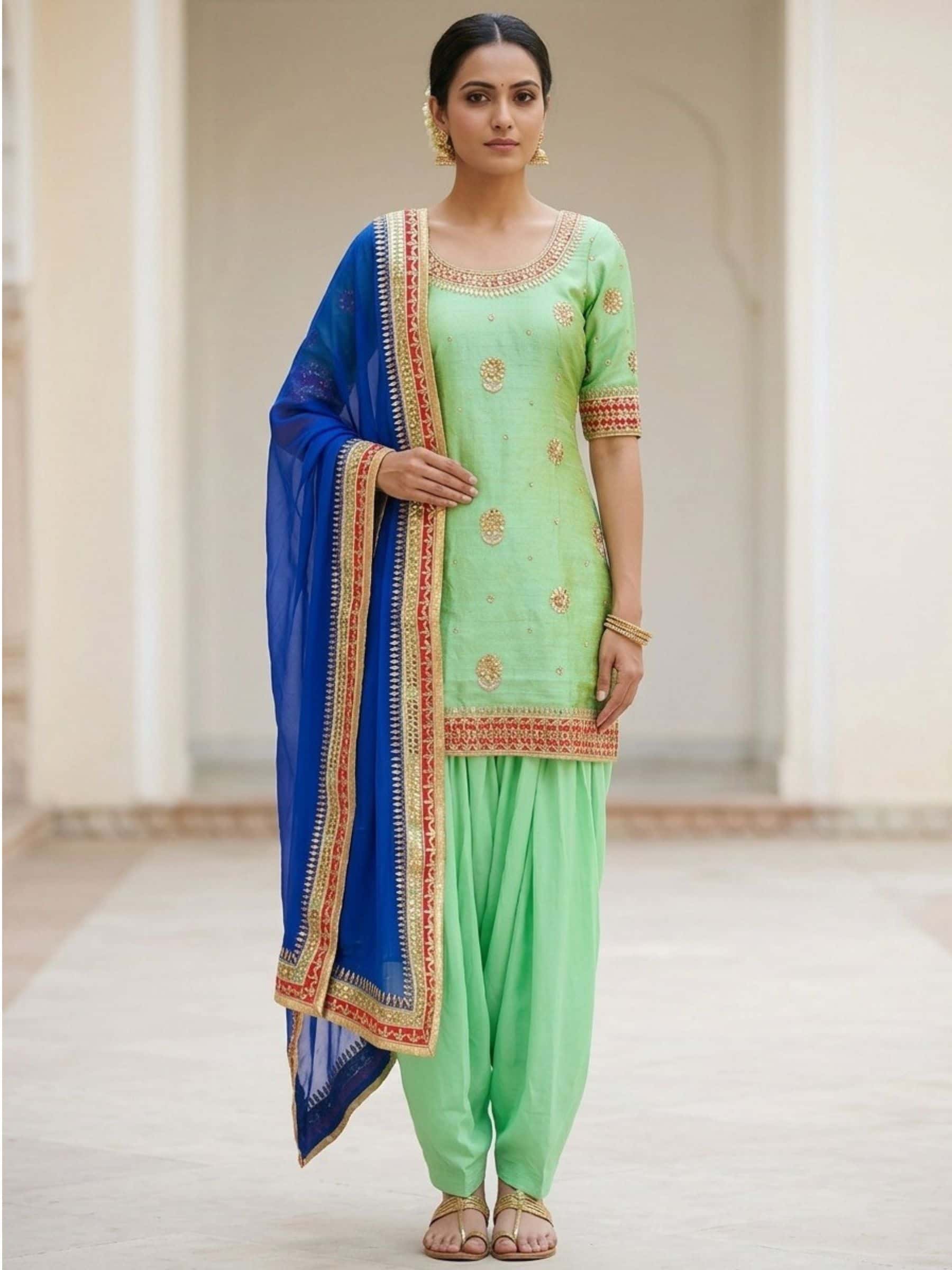 Mint Green with Contrast Blue Patiala Salwar Suit - Image 1