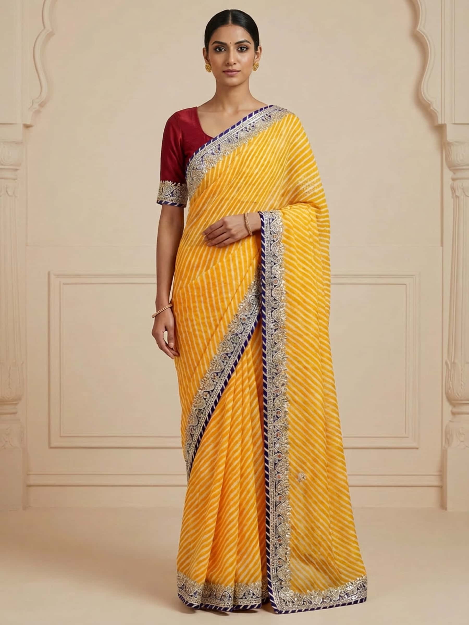 Vibrant Yellow Gota Work Leheriya Saree - Image 1