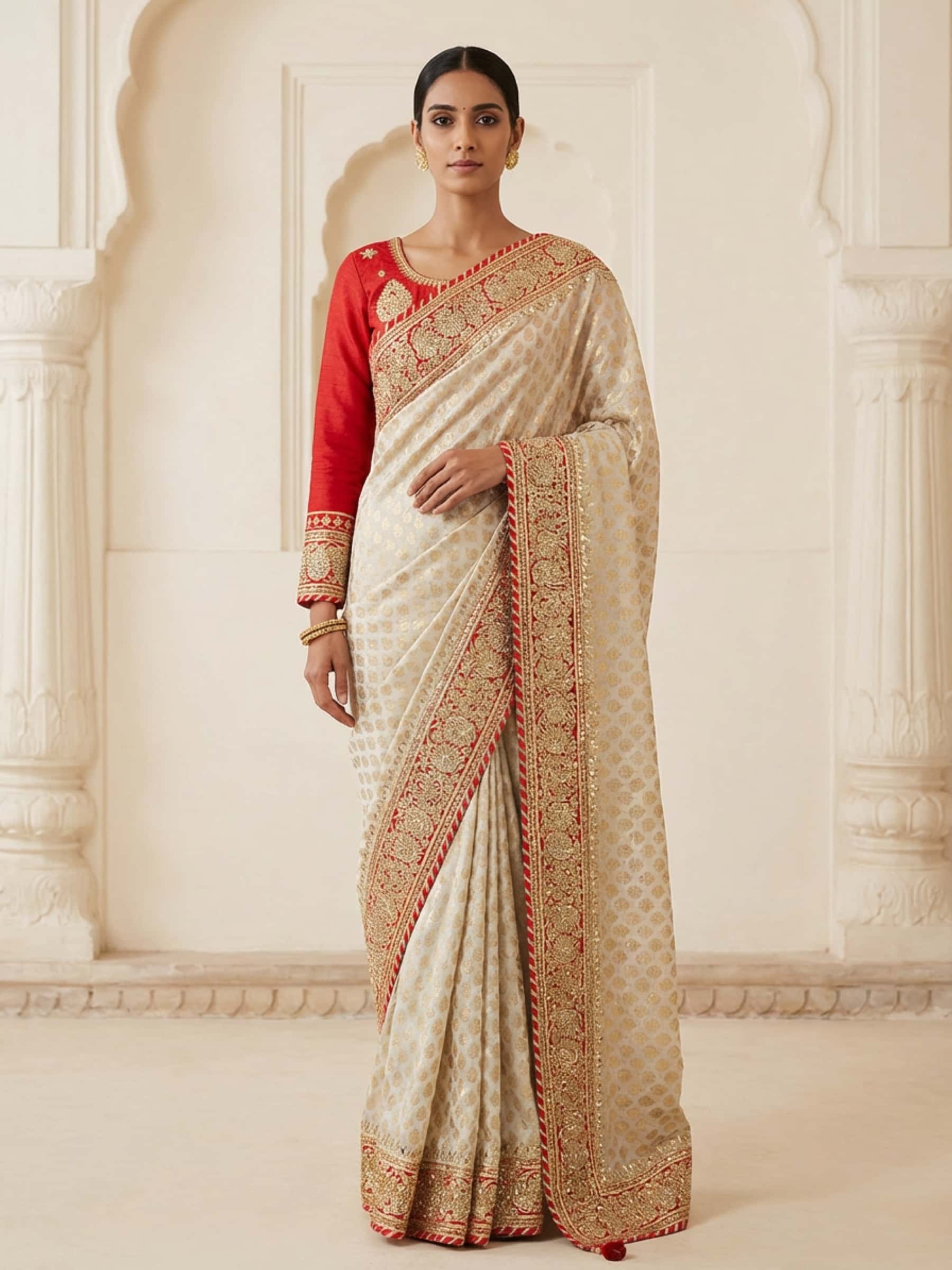 White and Red Royal Banarasi Saree