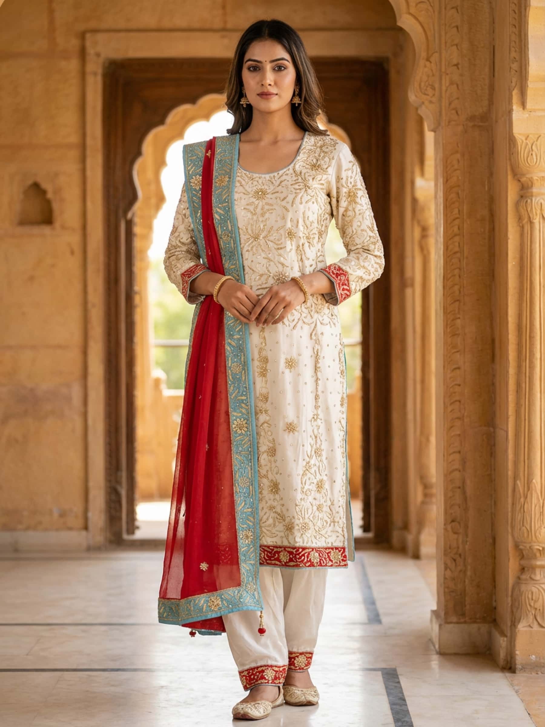 White n Red Rich Zardozi Salwar Suit - Image 1