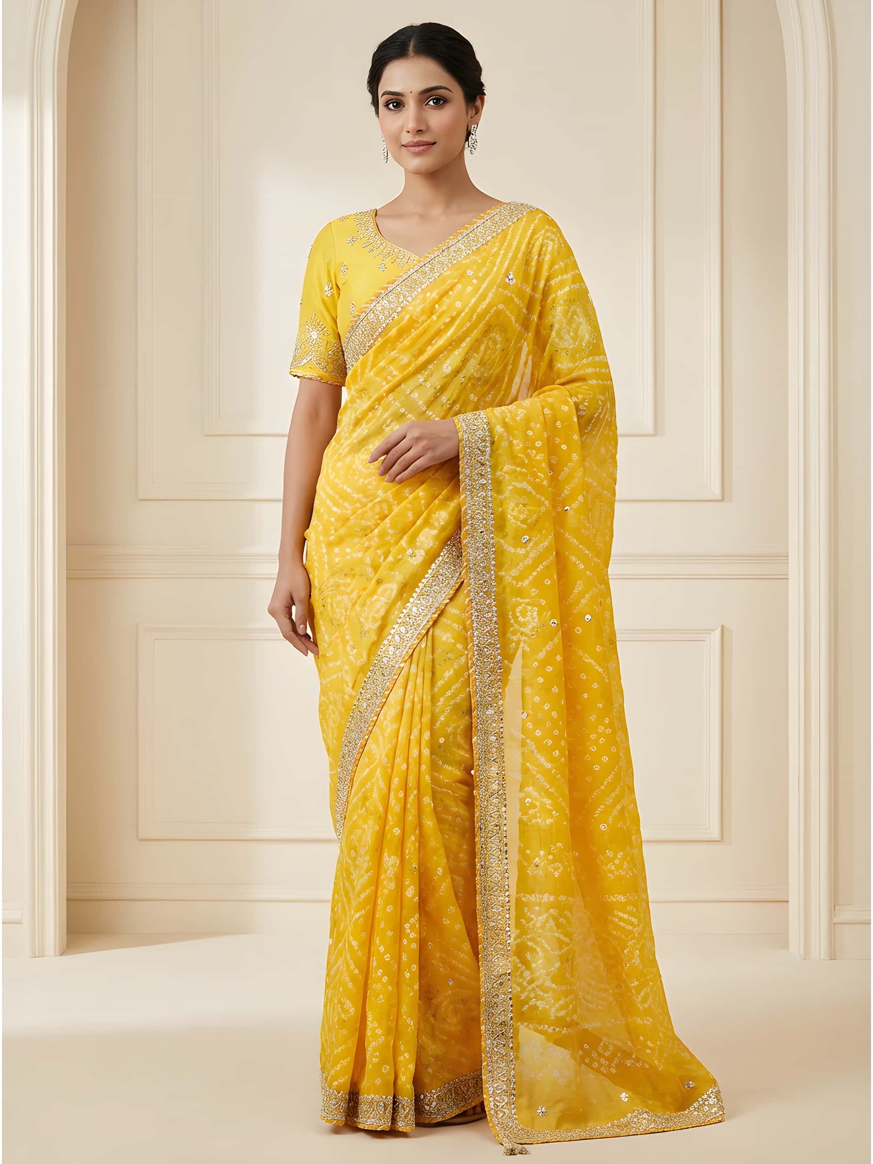 Yellow Bandhani Saree in Handwork - Image 1