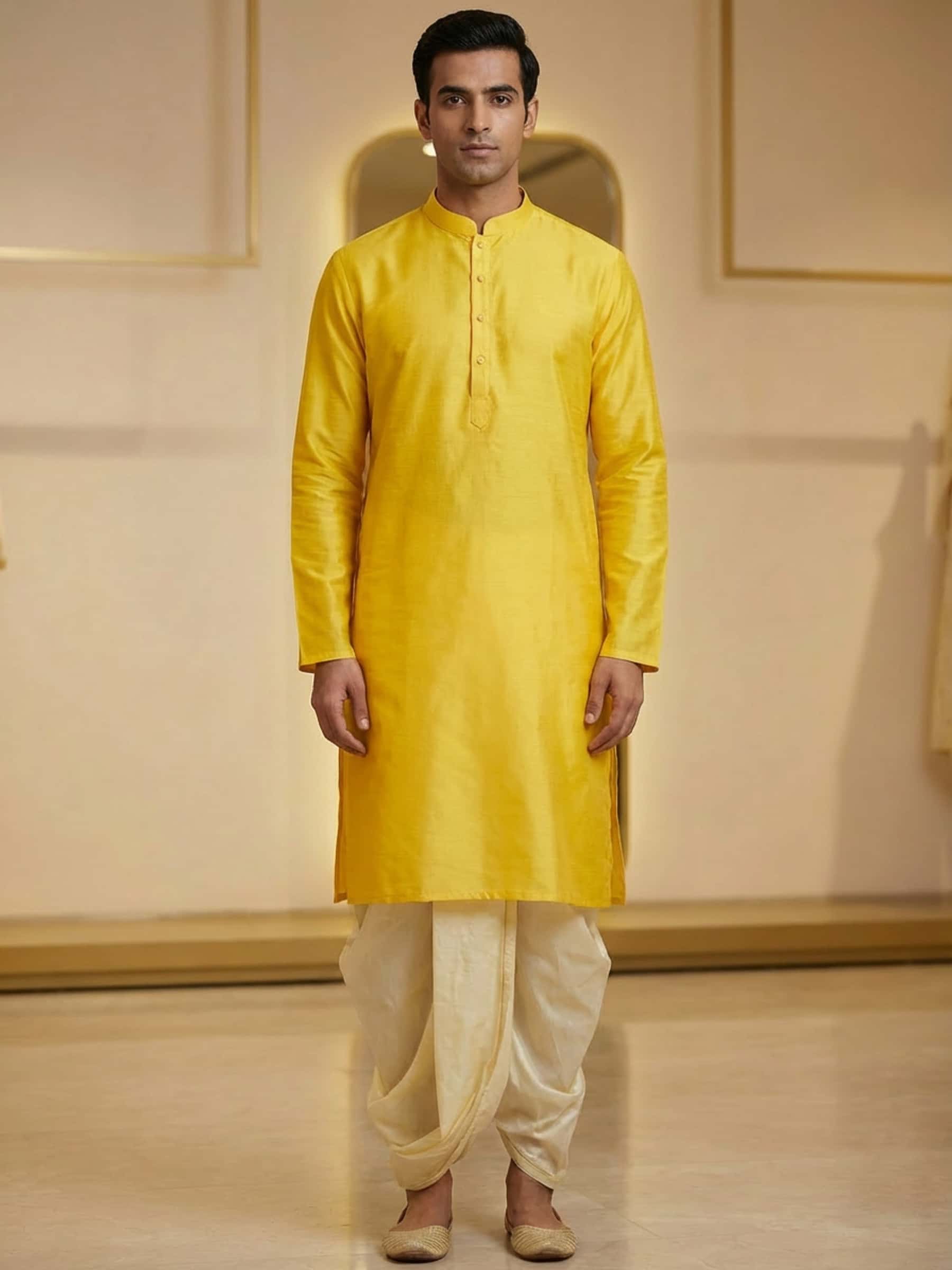 Yellow Pure Silk Kurta with Dhoti - Image 1