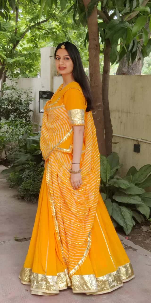 Yellow Rajputi Poshak - 80 Kali Lehenga thumbnail 12