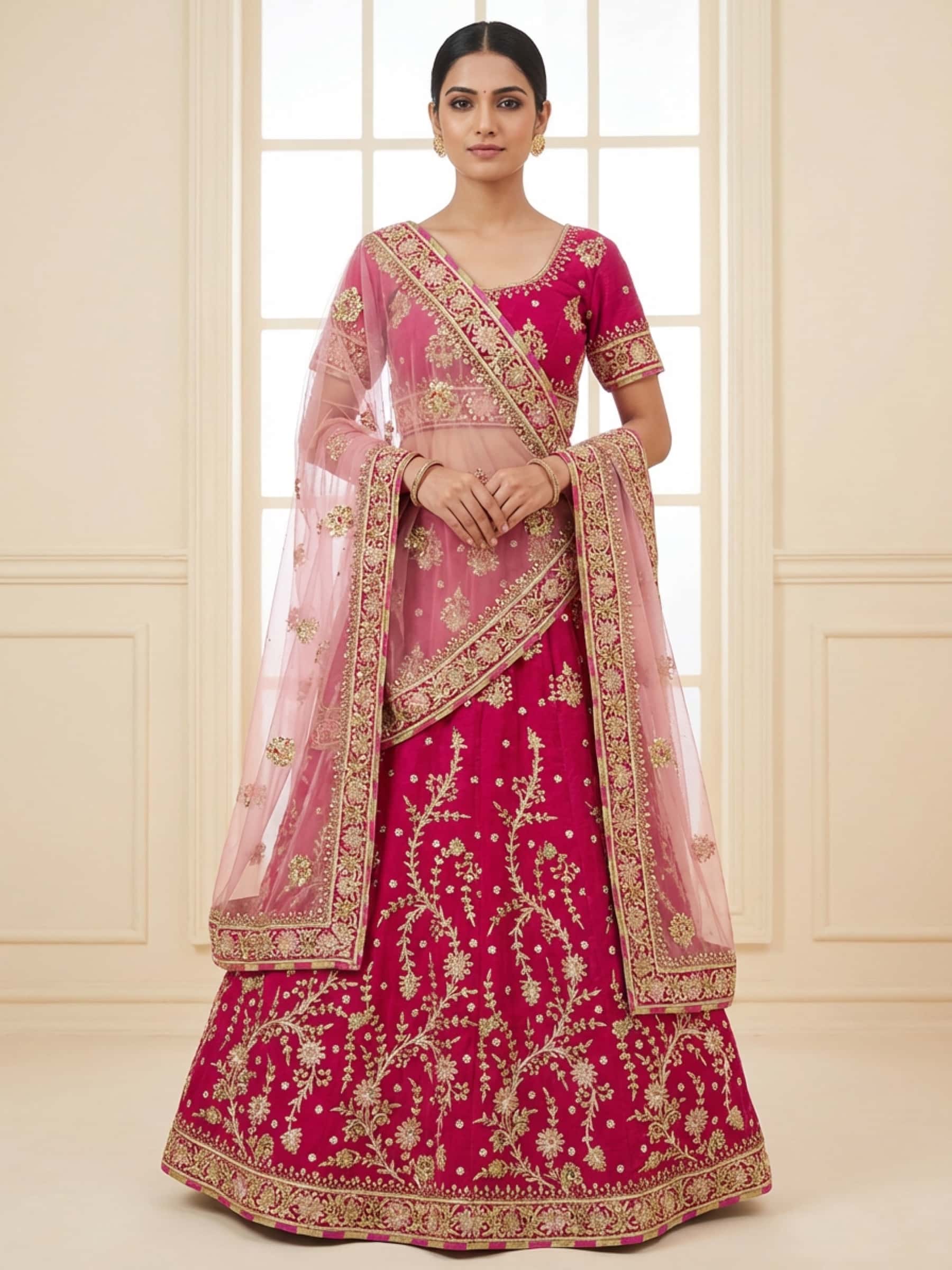 Bright and Light Pink Velvet Lehenga Set - Image 1