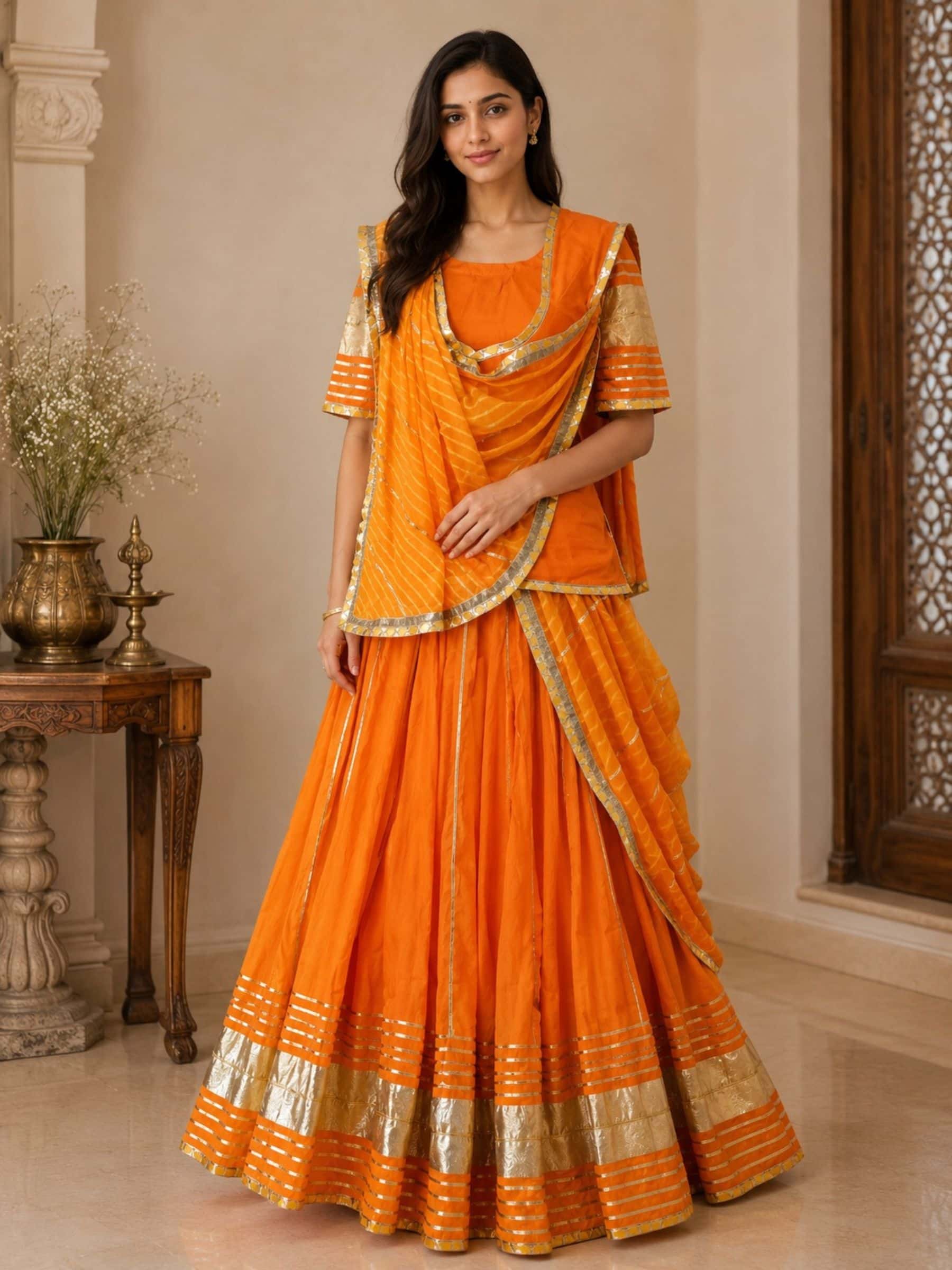 80 Kali Rajputi Poshak with Assi Kali Lehenga in Orange