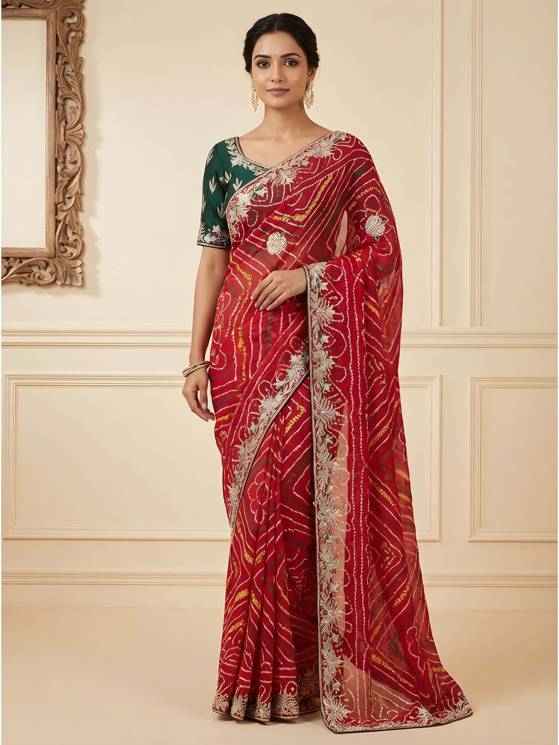 Aari Resham Handworked Red Hozariya Saree