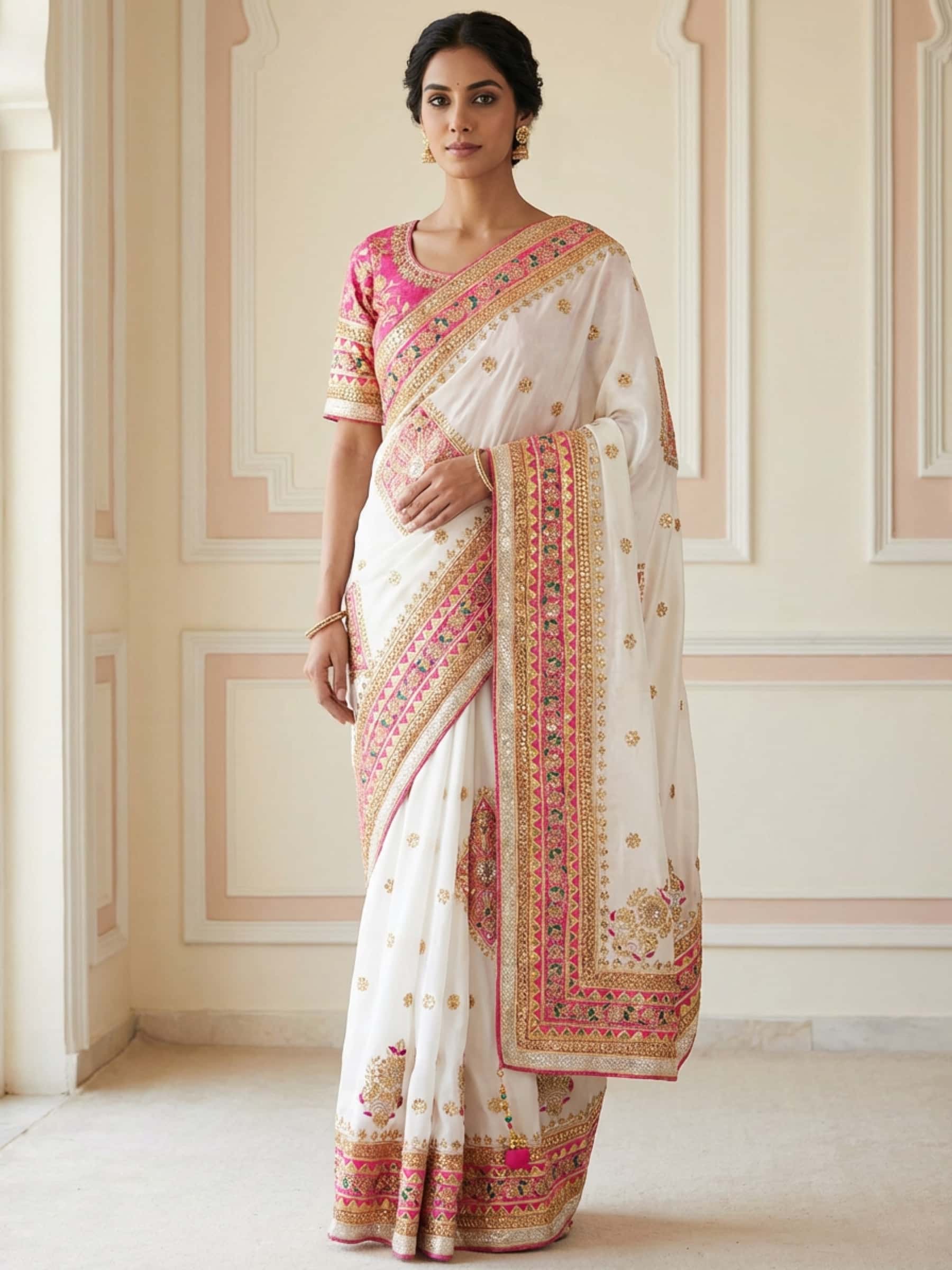 An Elegant Saree in White with Peppy Pink - Image 1