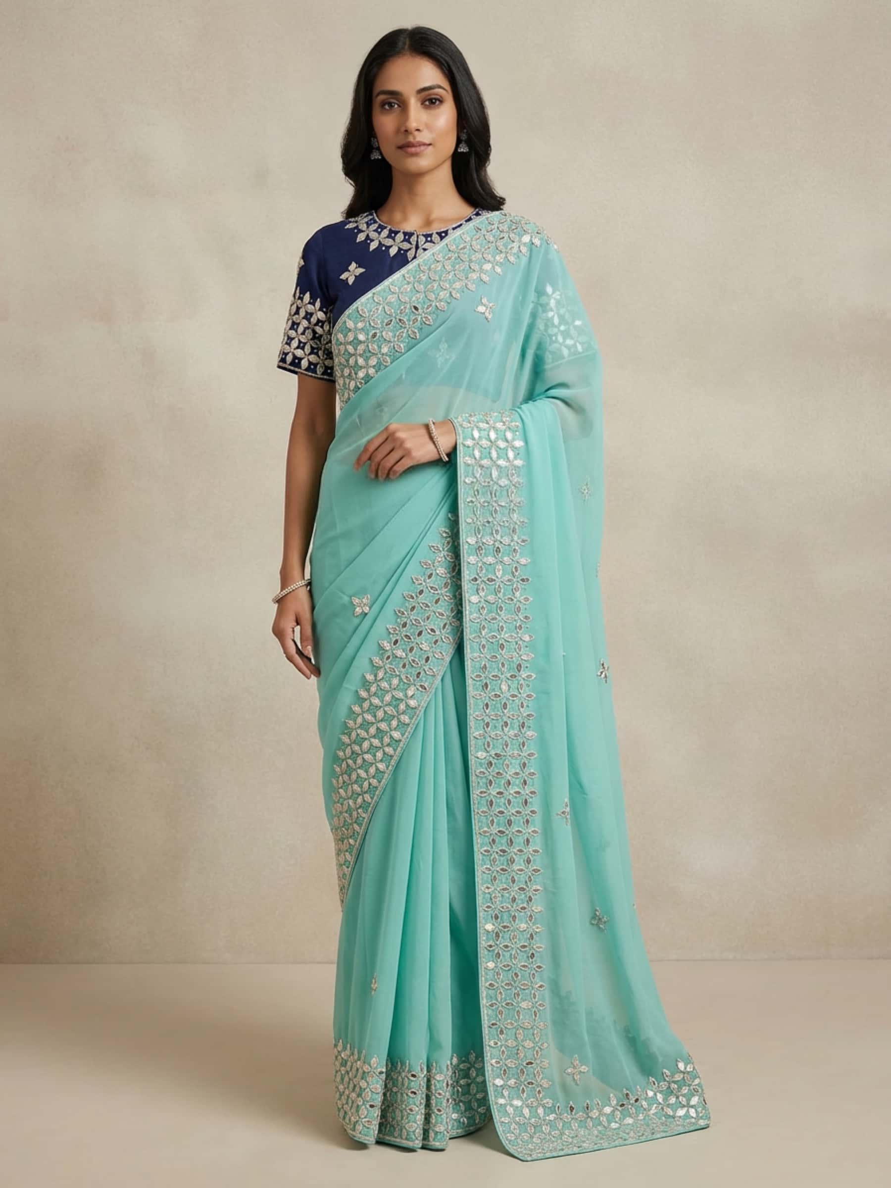 Aqua Blue Pure Georgette Kacchi Patti Saree - Image 1