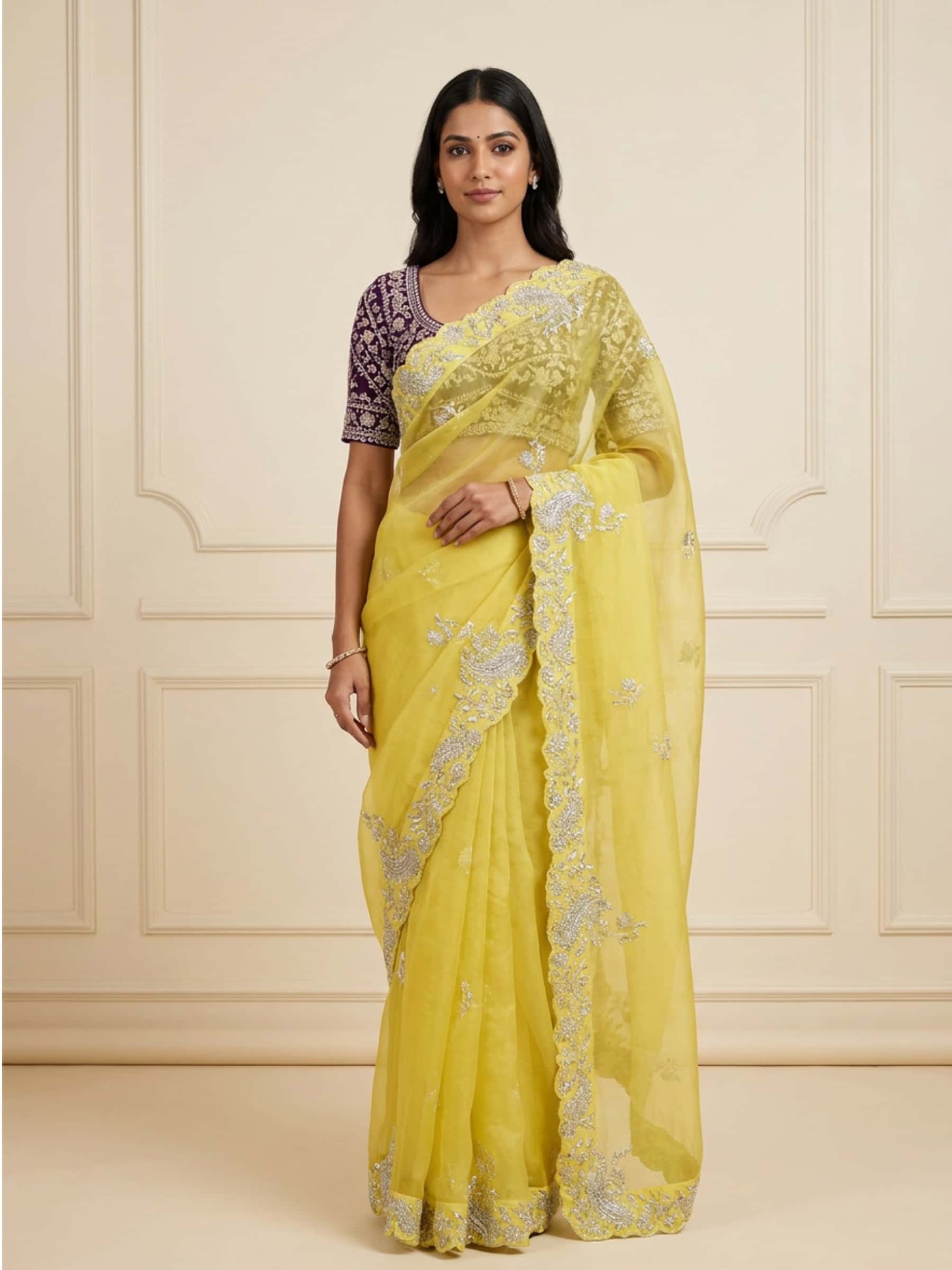 Aura Designer Cutwork Zardozi Saree in Yellow