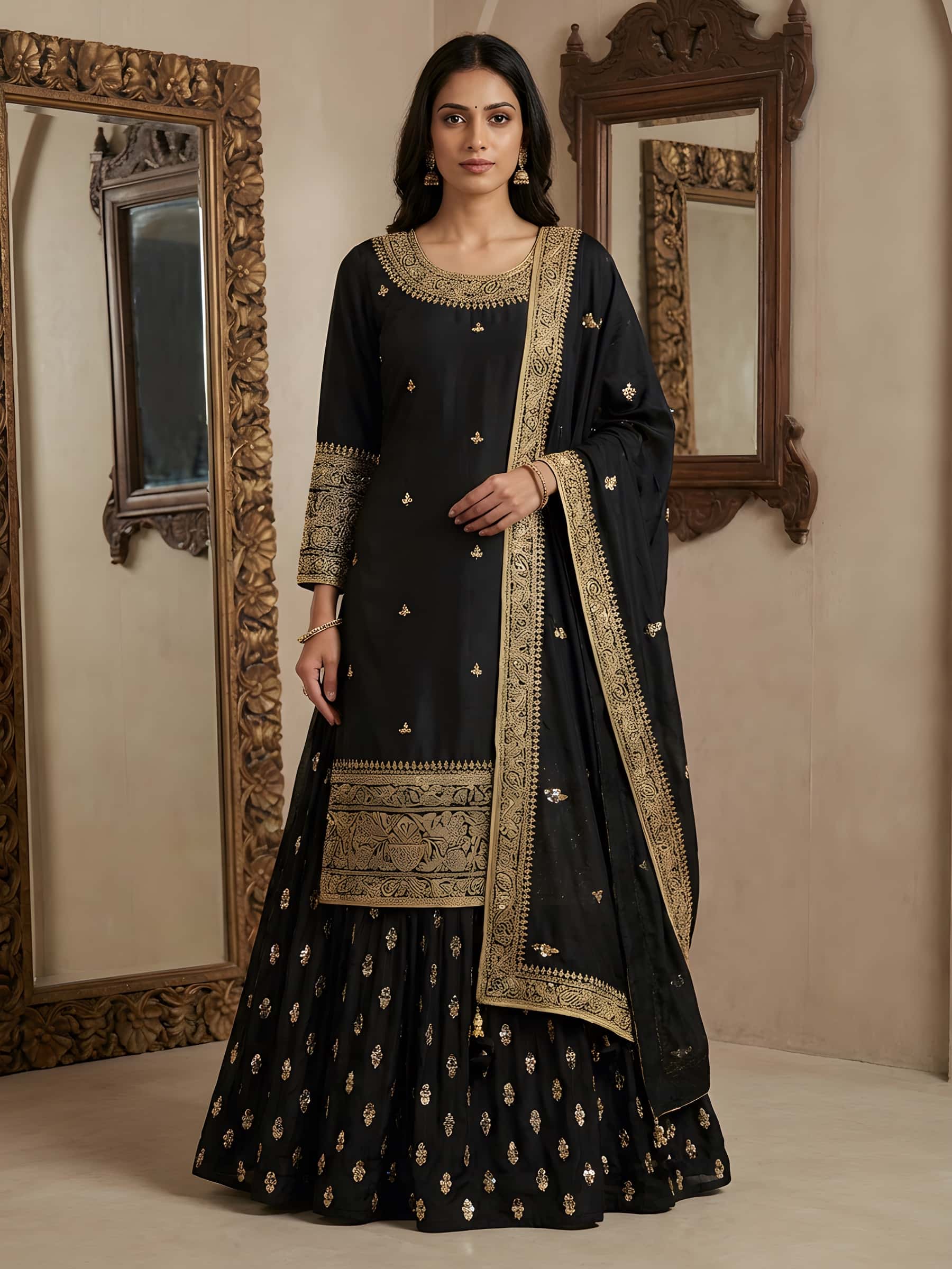 Beautiful Black Marodi Mirror Work Skirt Kurti Set - Image 1