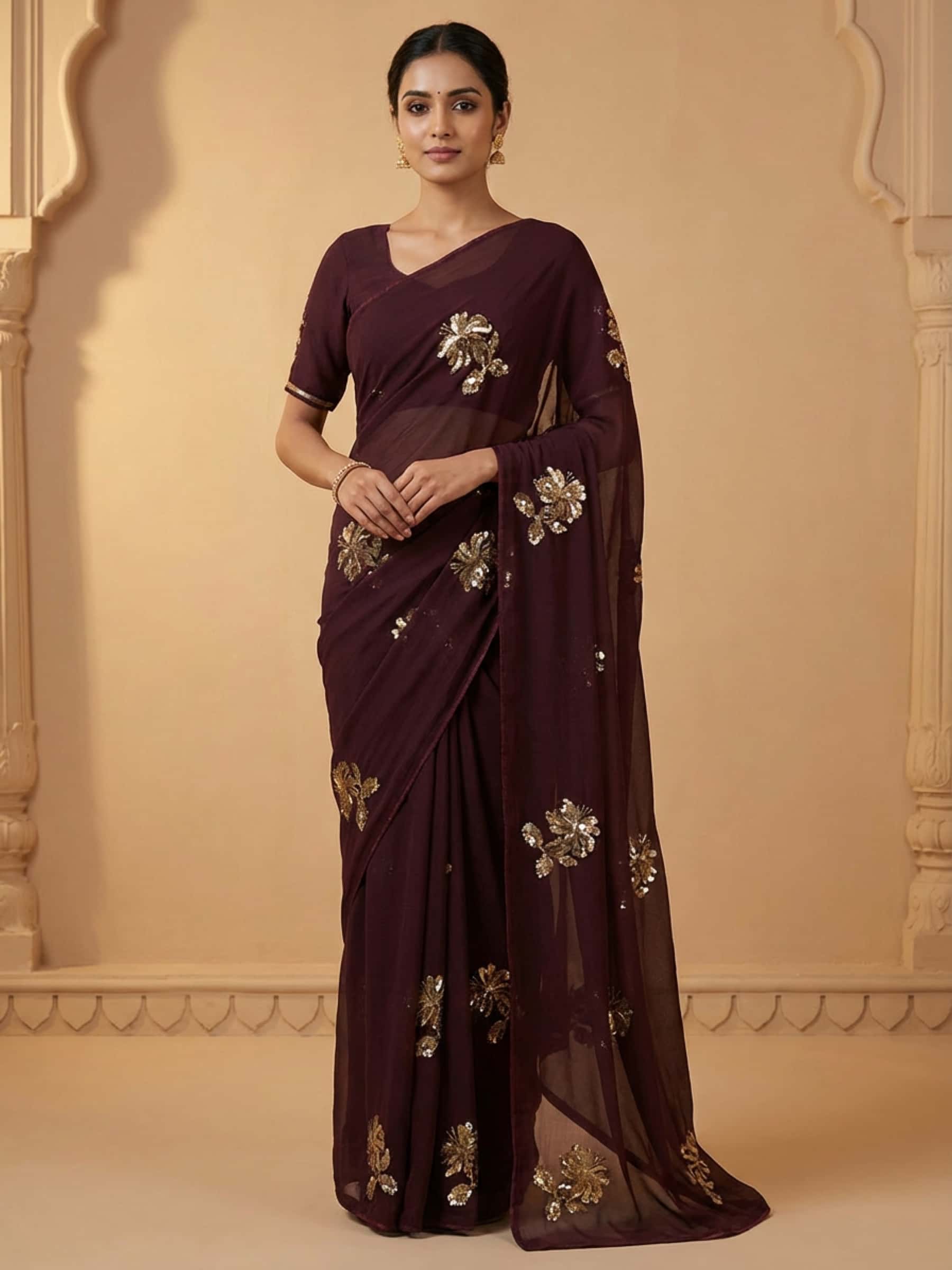 Beautiful Coffee Brown Platinum Chiffon Saree with Sequins Handwork