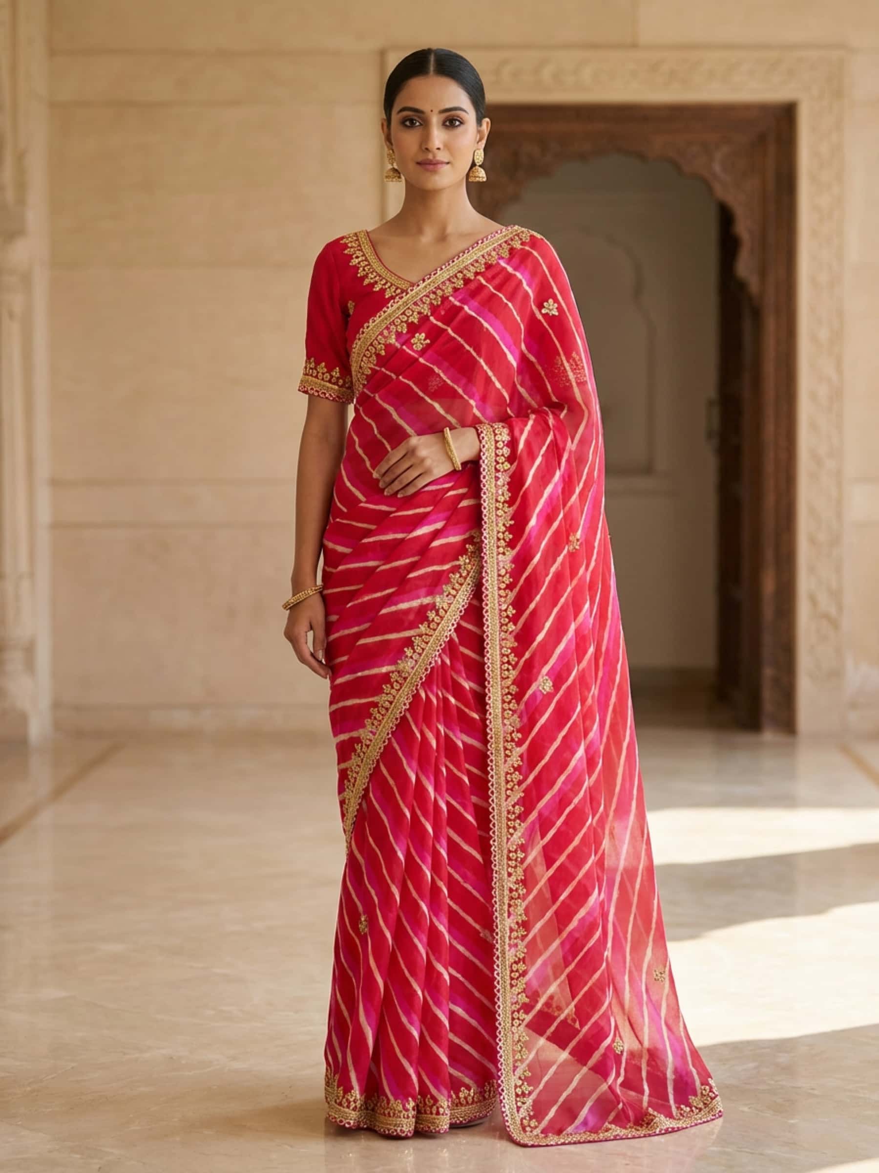 Beautiful Combination of Pink Leheriya Saree - Image 1