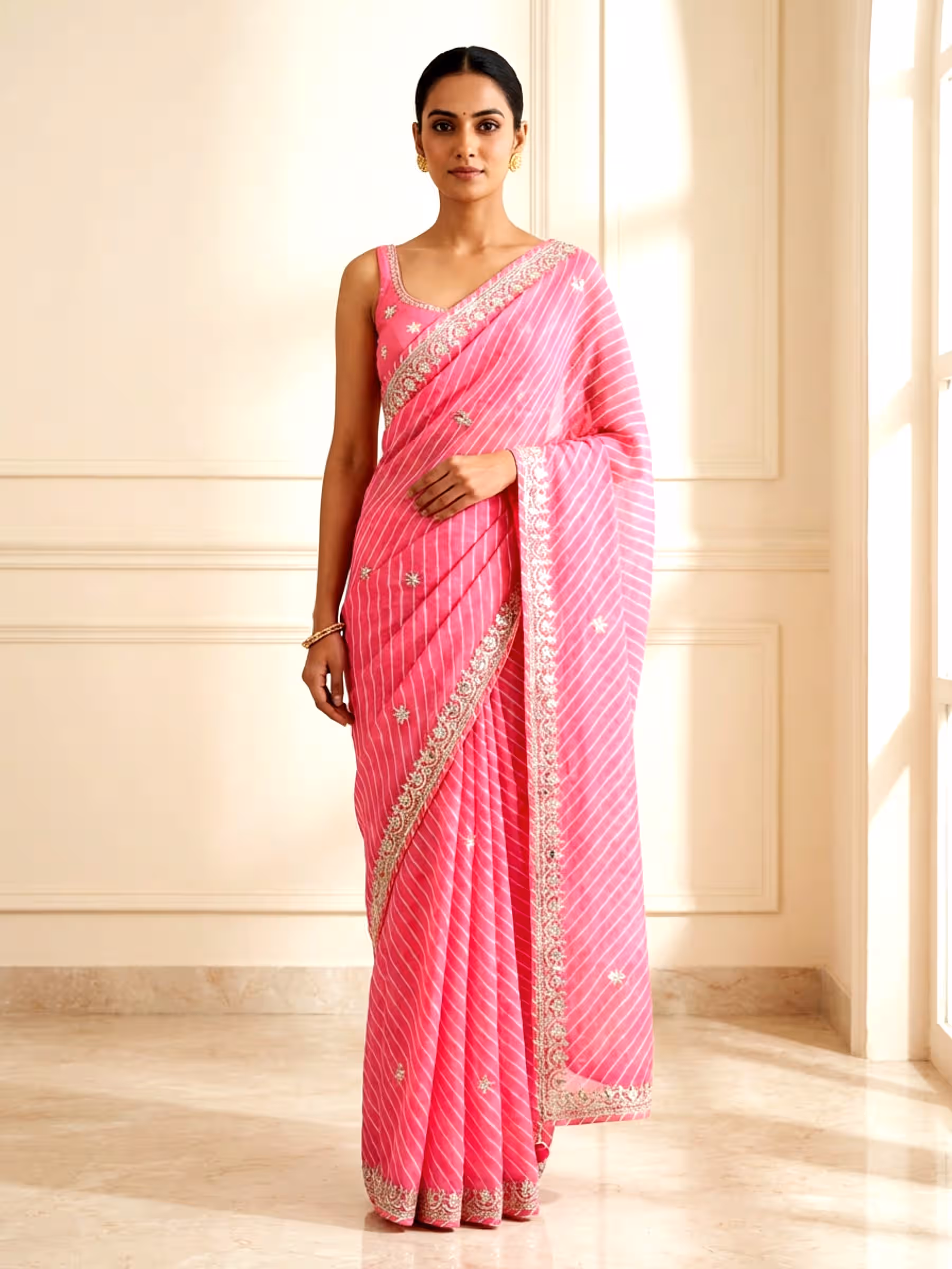 Beautiful Hot Pink Leheriya Saree with Light Work in Pure Georgette