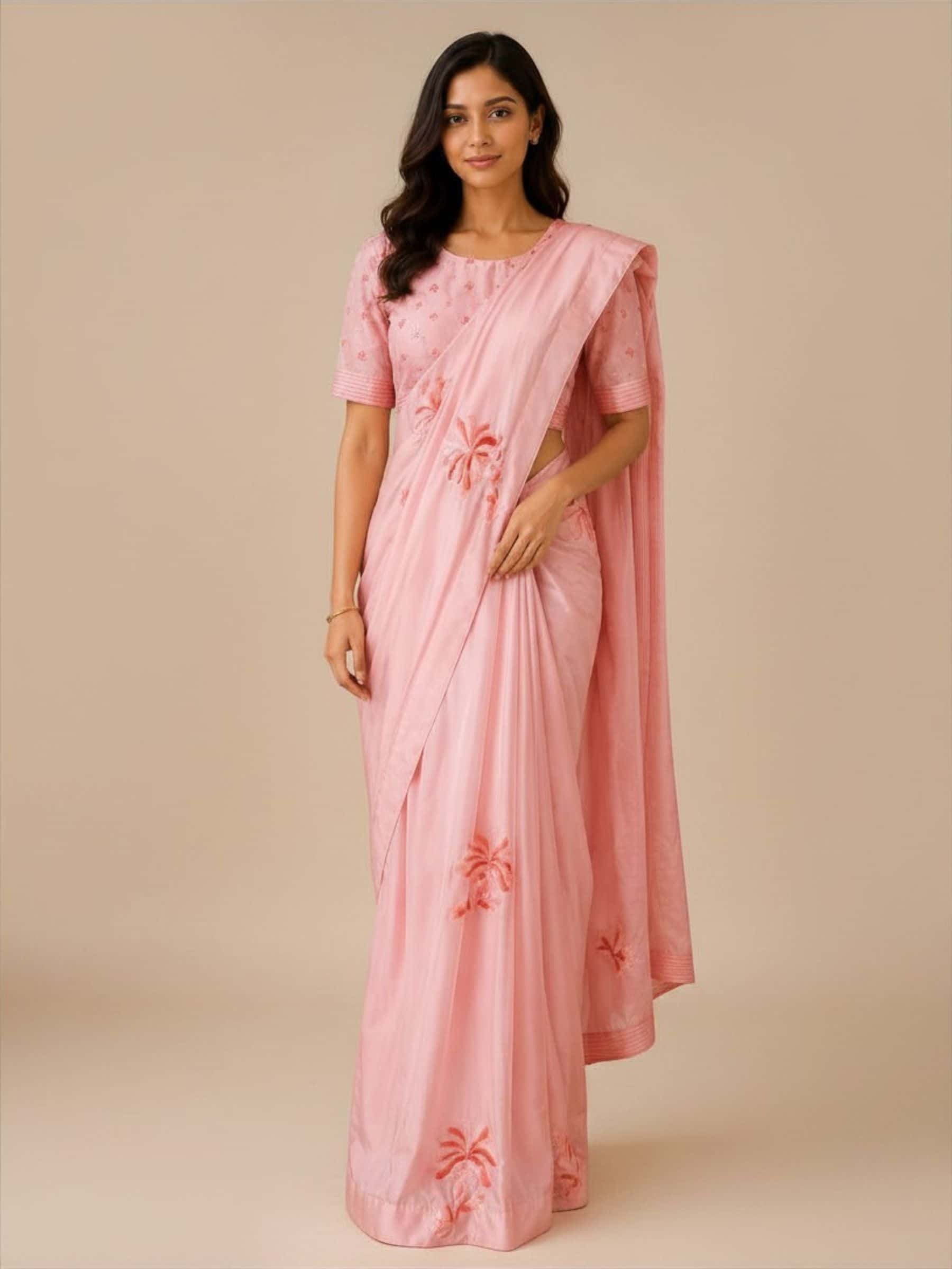 Beautiful Pearl Pink Satin Georgette Saree with Sequins Handwork