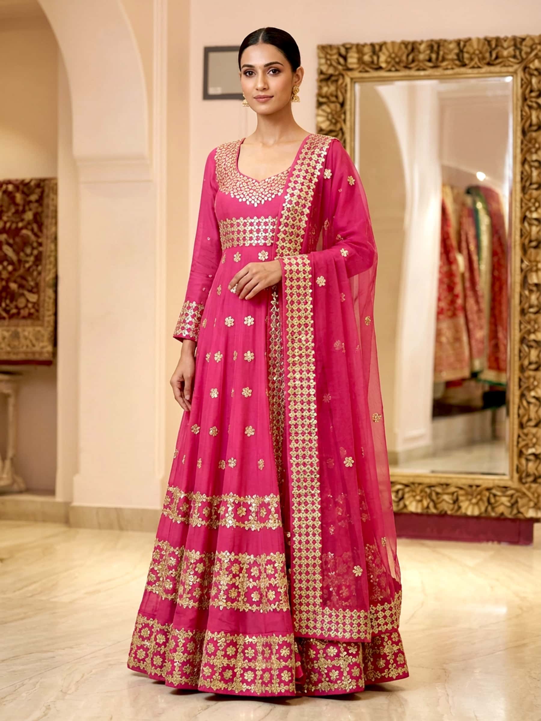Beautiful Pretty Pink Floor Length Kalidar Suit Set - Image 1