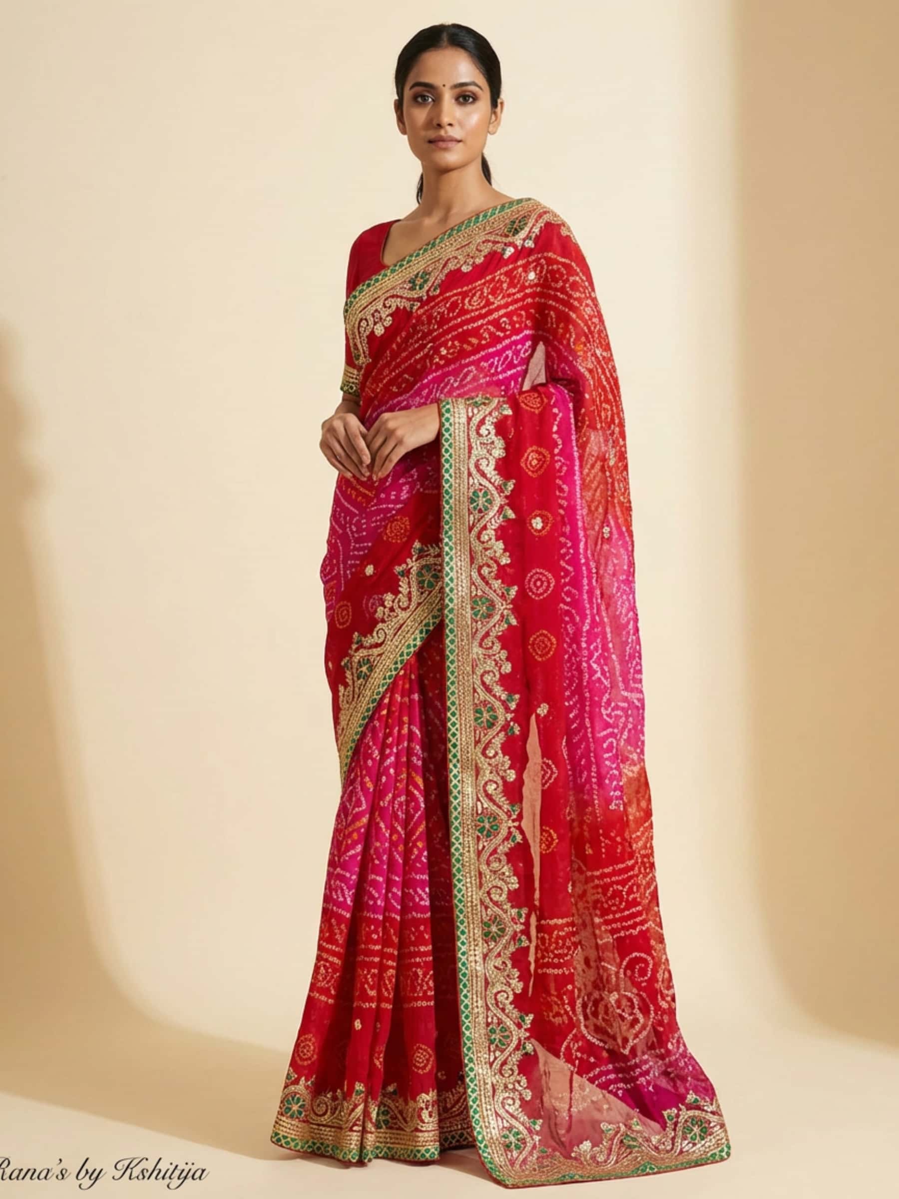 Beautiful Shaded Bandhani Saree Rai Bandhej with Gota Patti