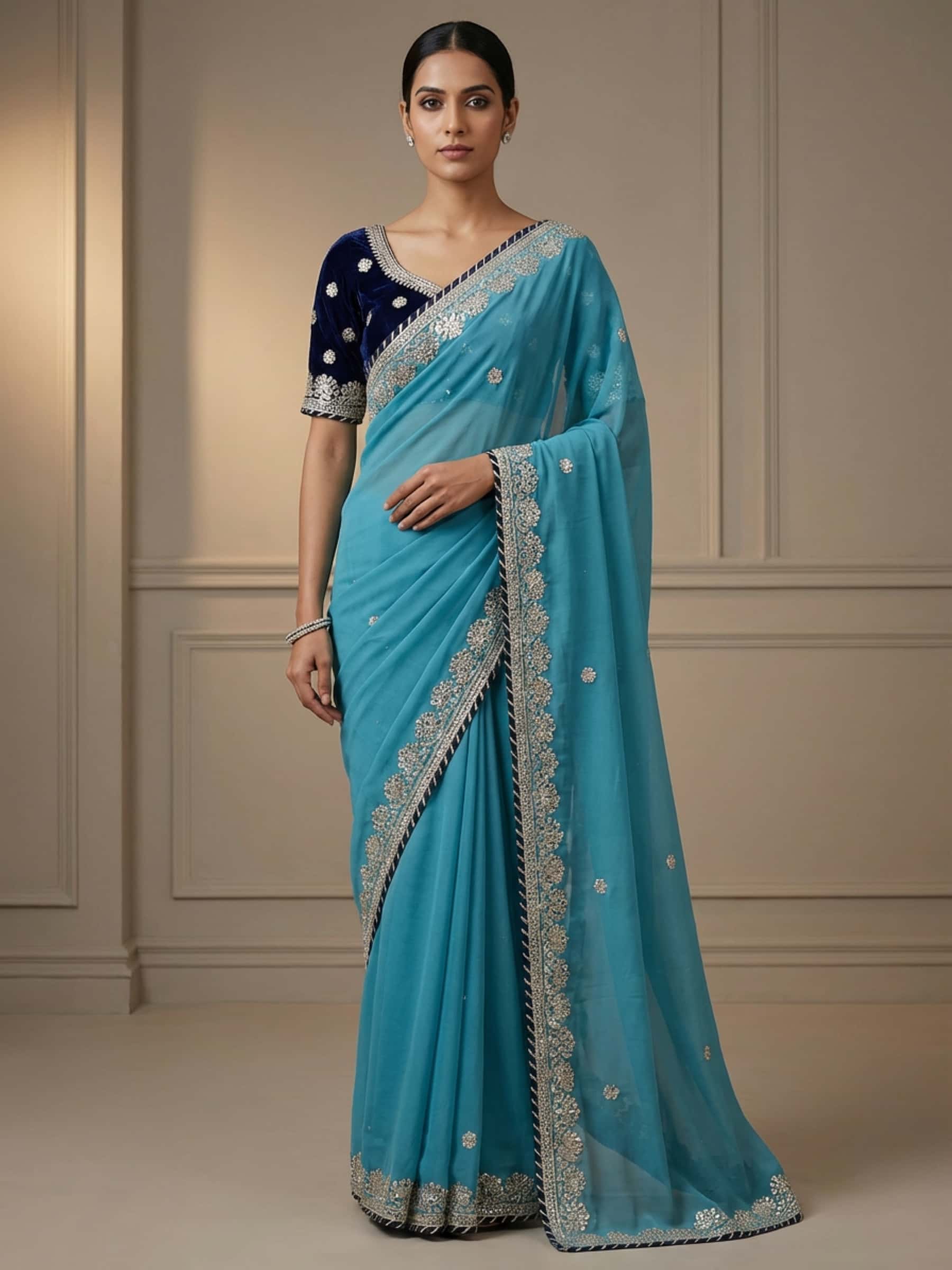 Beautiful blue pure georgette saree in gota work - Image 1