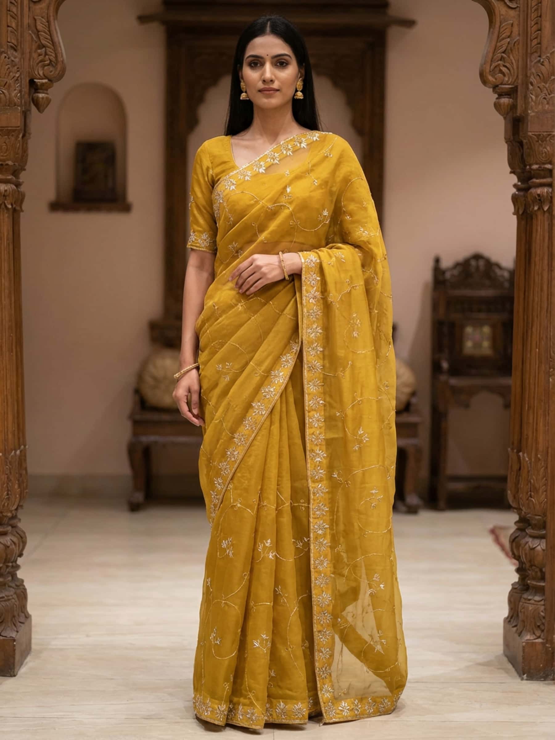 Beautiful Mustard Organza Saree with Cutdana and Gota Patti Handwork - Image 1