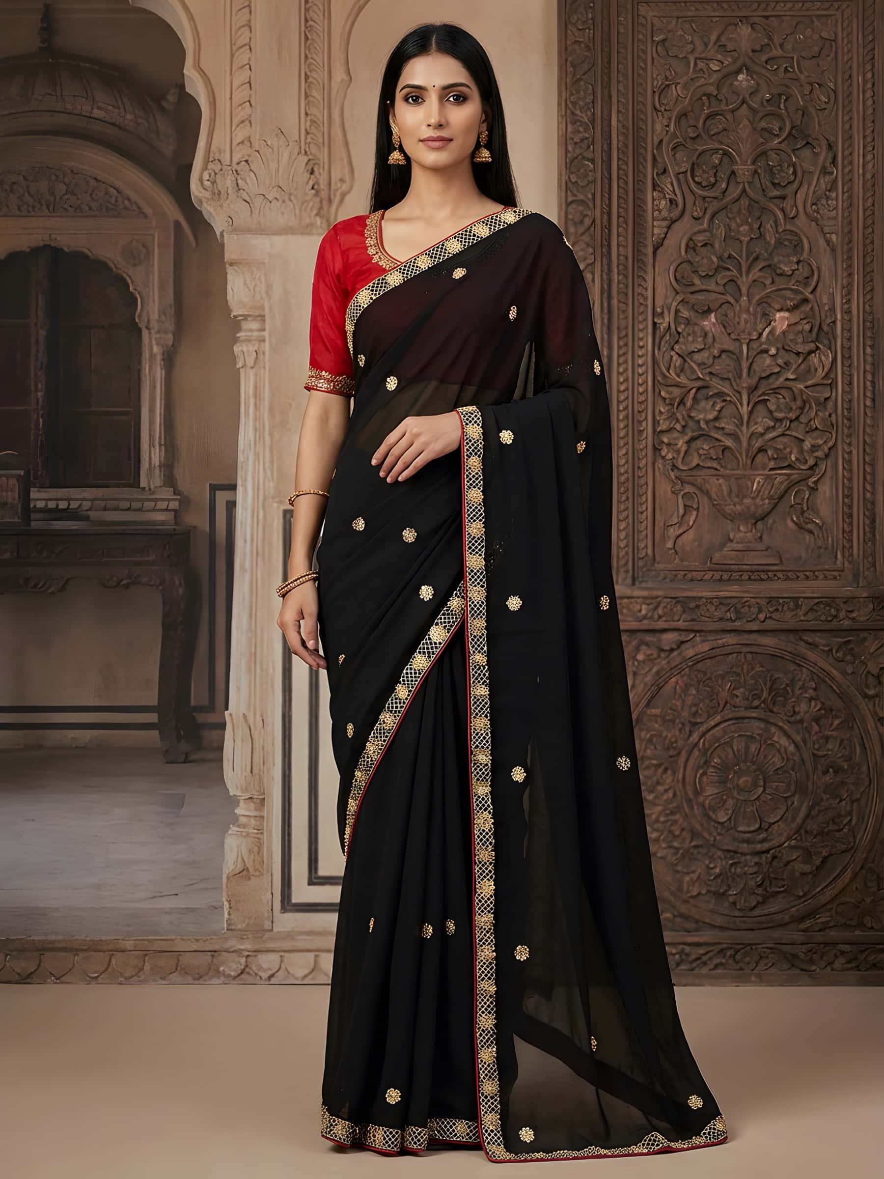 Black and Red Pure Georgette Designer Saree - Image 1