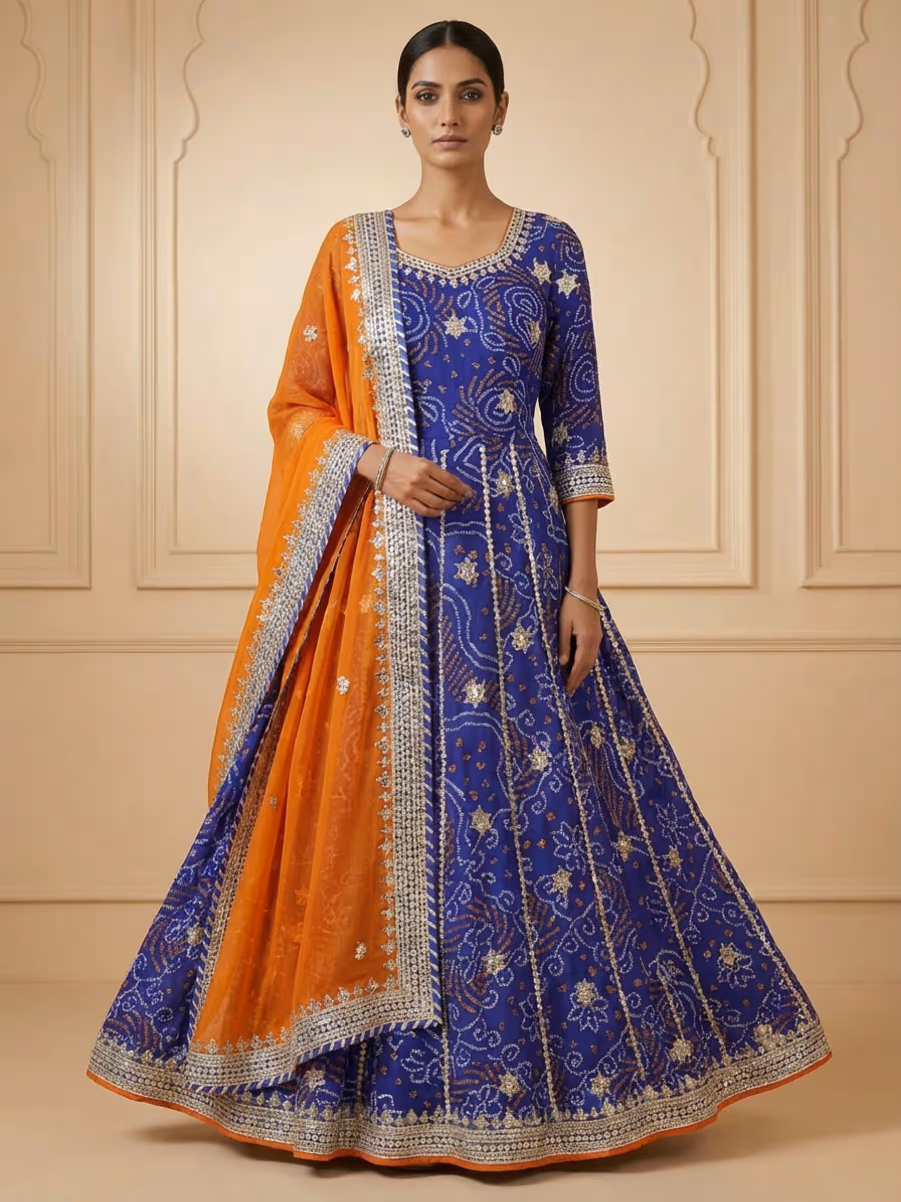 Blue Bandhani Anarkali with Fanta Colored Dupatta - Image 1