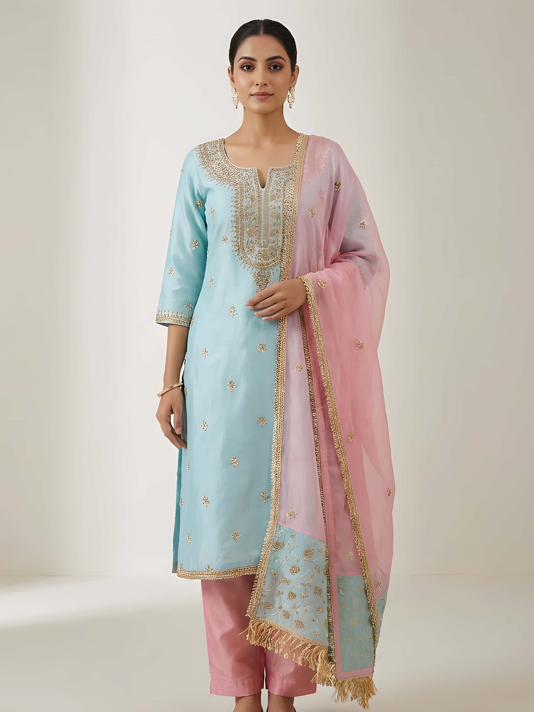 Blue Pink Designer Suit in Zardozi Work - Image 1