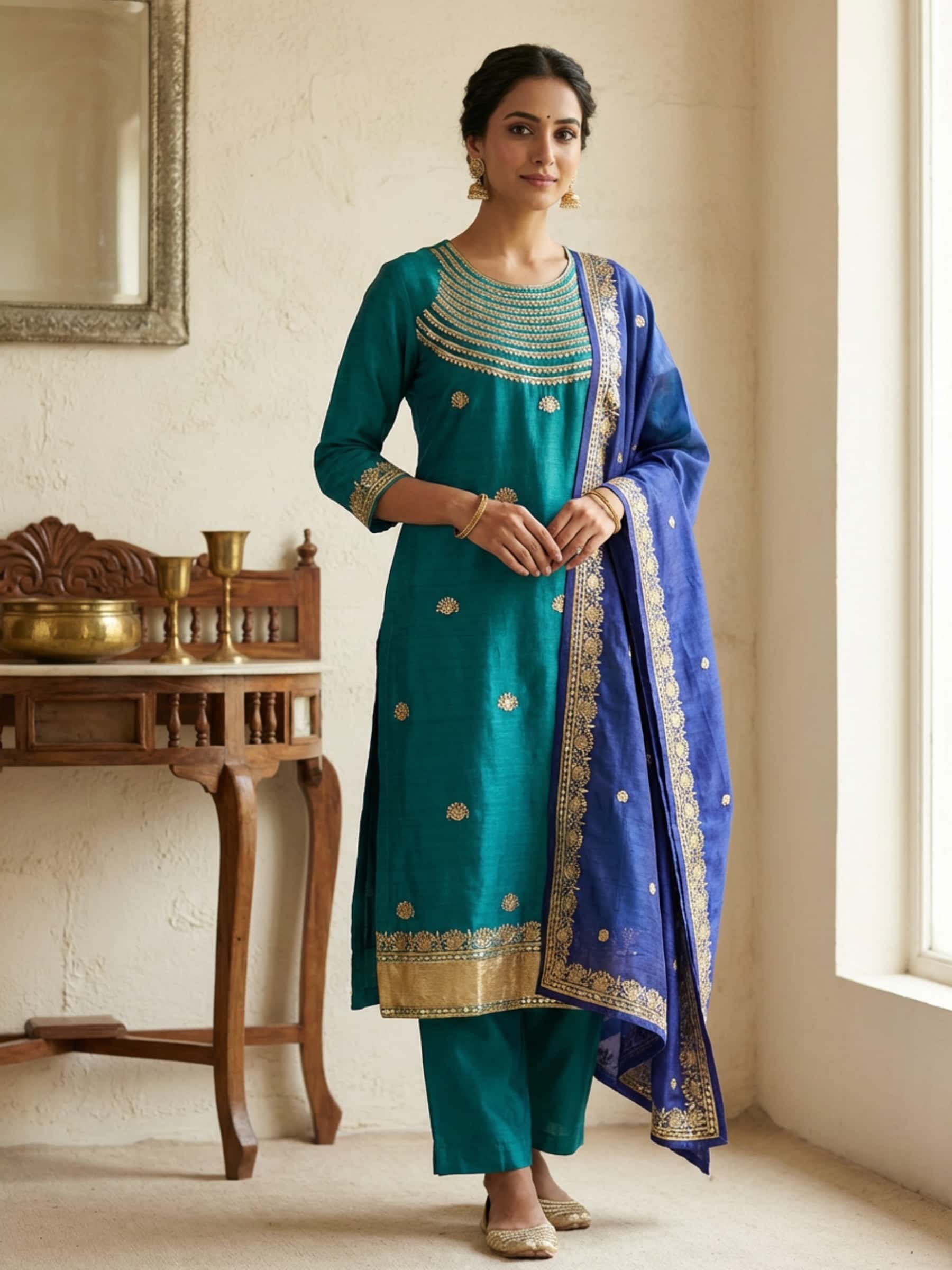 Blue Rich Neckline Raw Silk Suit - Image 1
